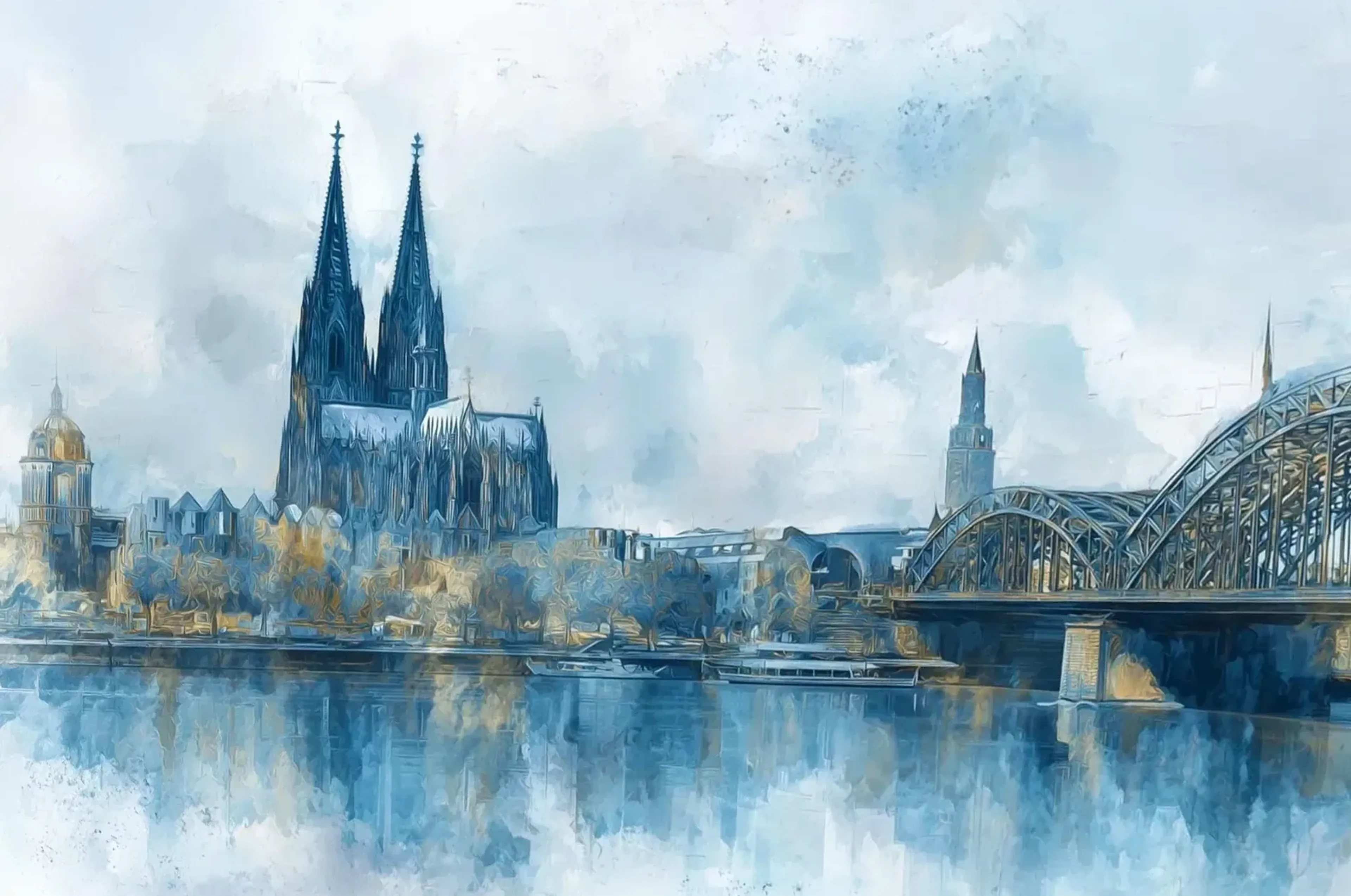 Kölner Dom, Uferhäuser und Bogenbrücke in hellem Blau und Weiß mit goldfarbenen Akzenten und Spiegelungen.
