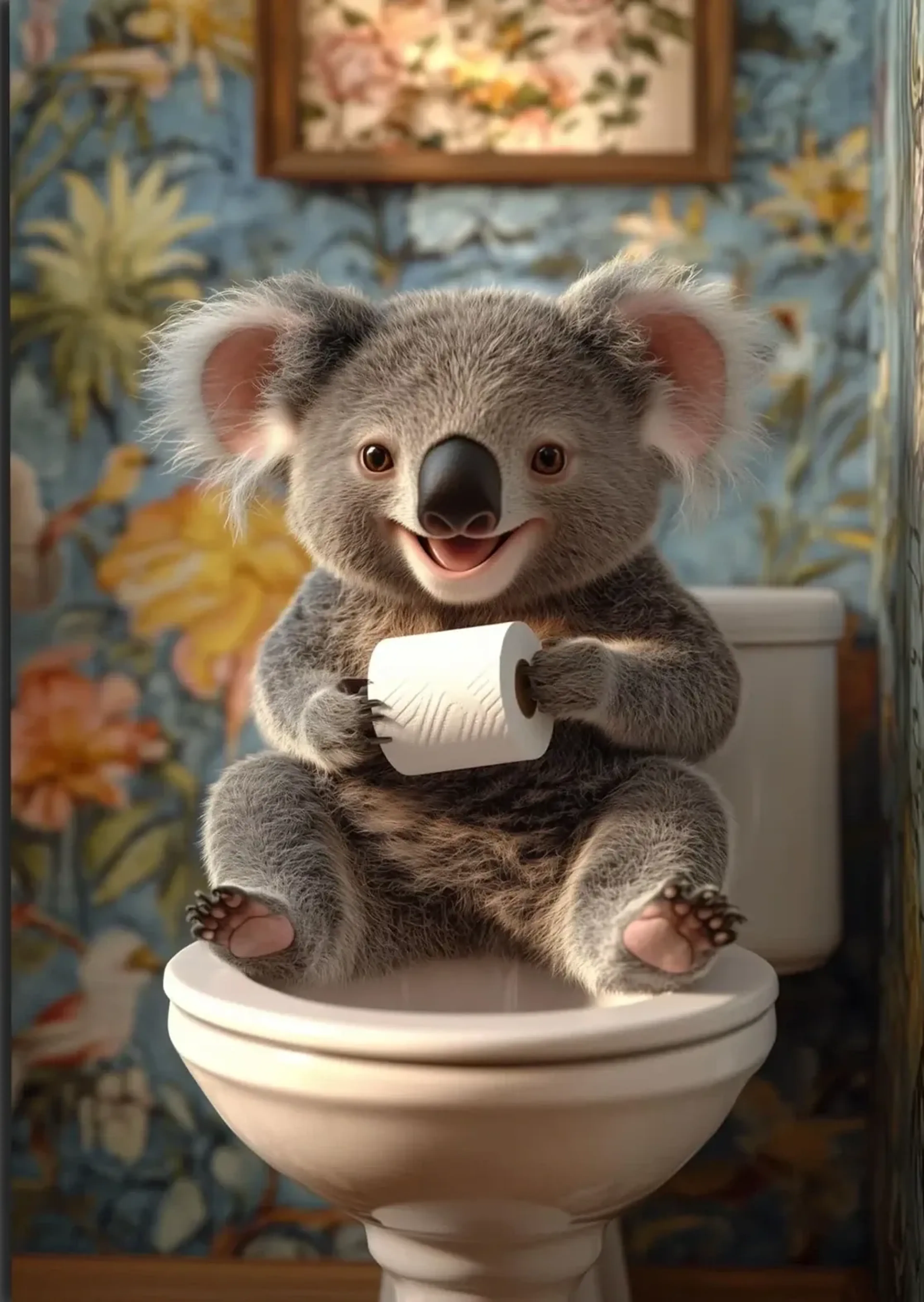 Koala vor Blumentapete – Motiv als Wandbild auf Holz