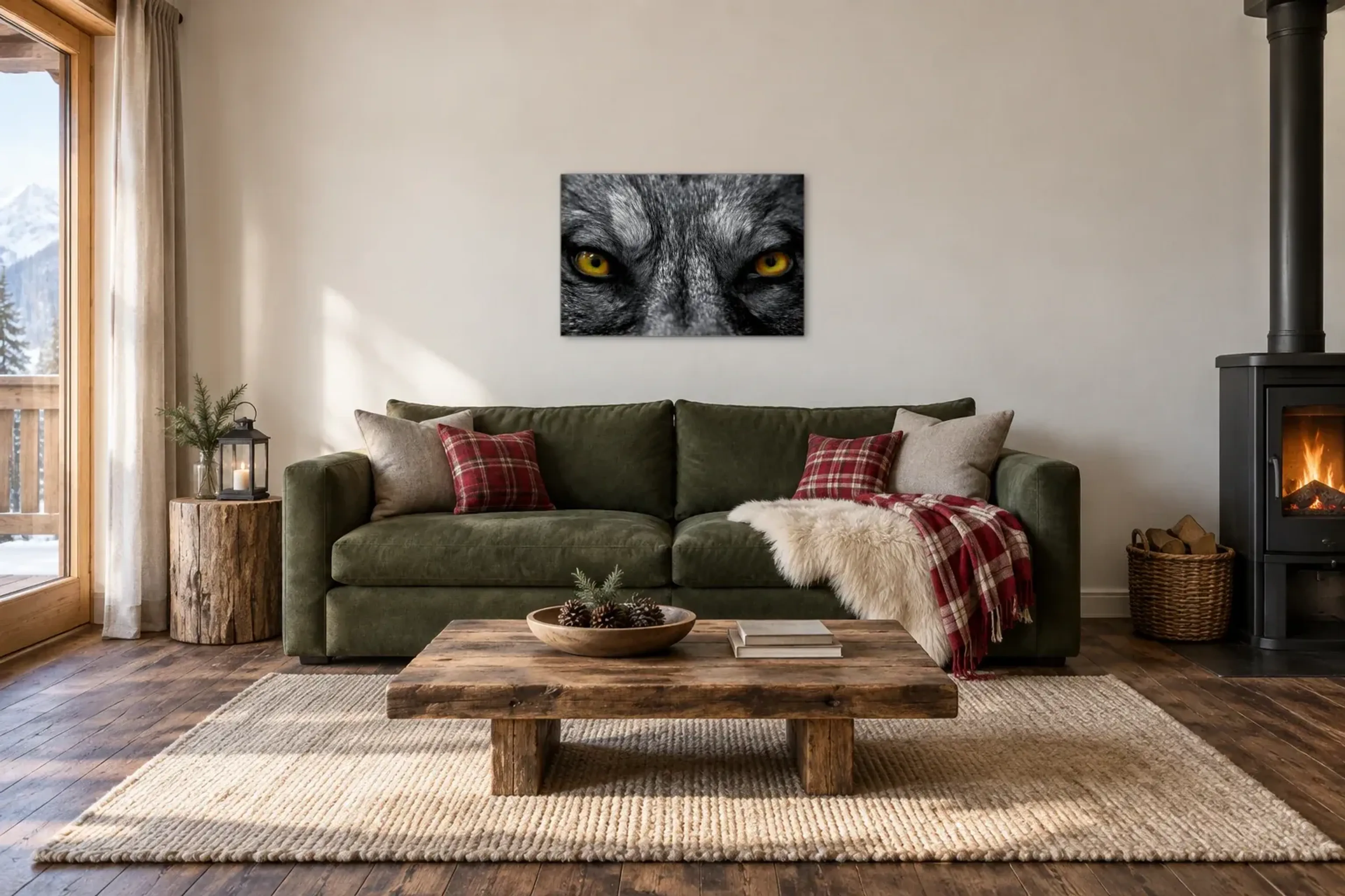 Goldener Wolfsblick als Wandbild über einem 220-cm-Sofa