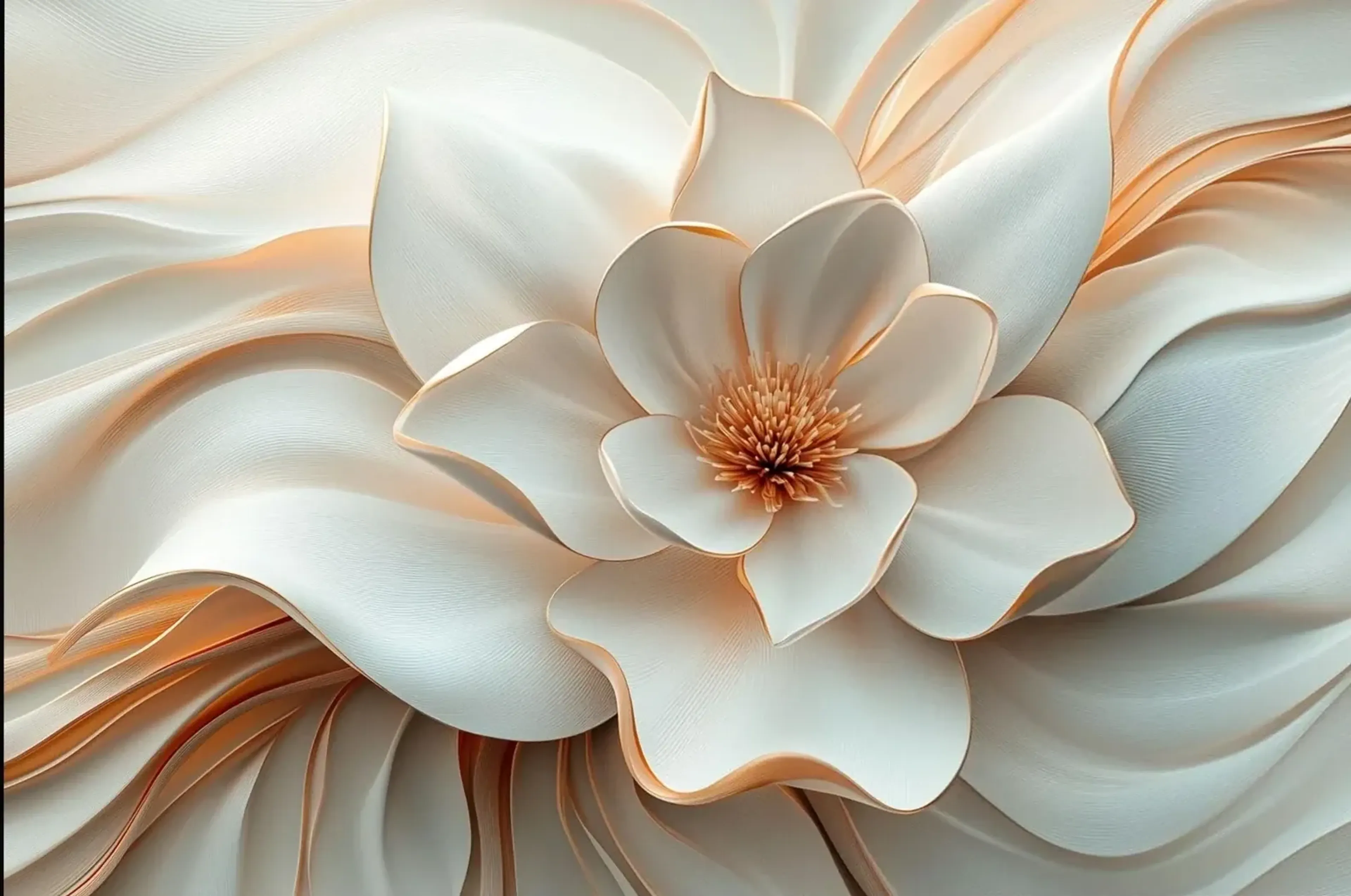Eine cremeweiße Blüte mit gold- und kupferfarbenen Rändern liegt vor weich geschwungenen hellen Formen.