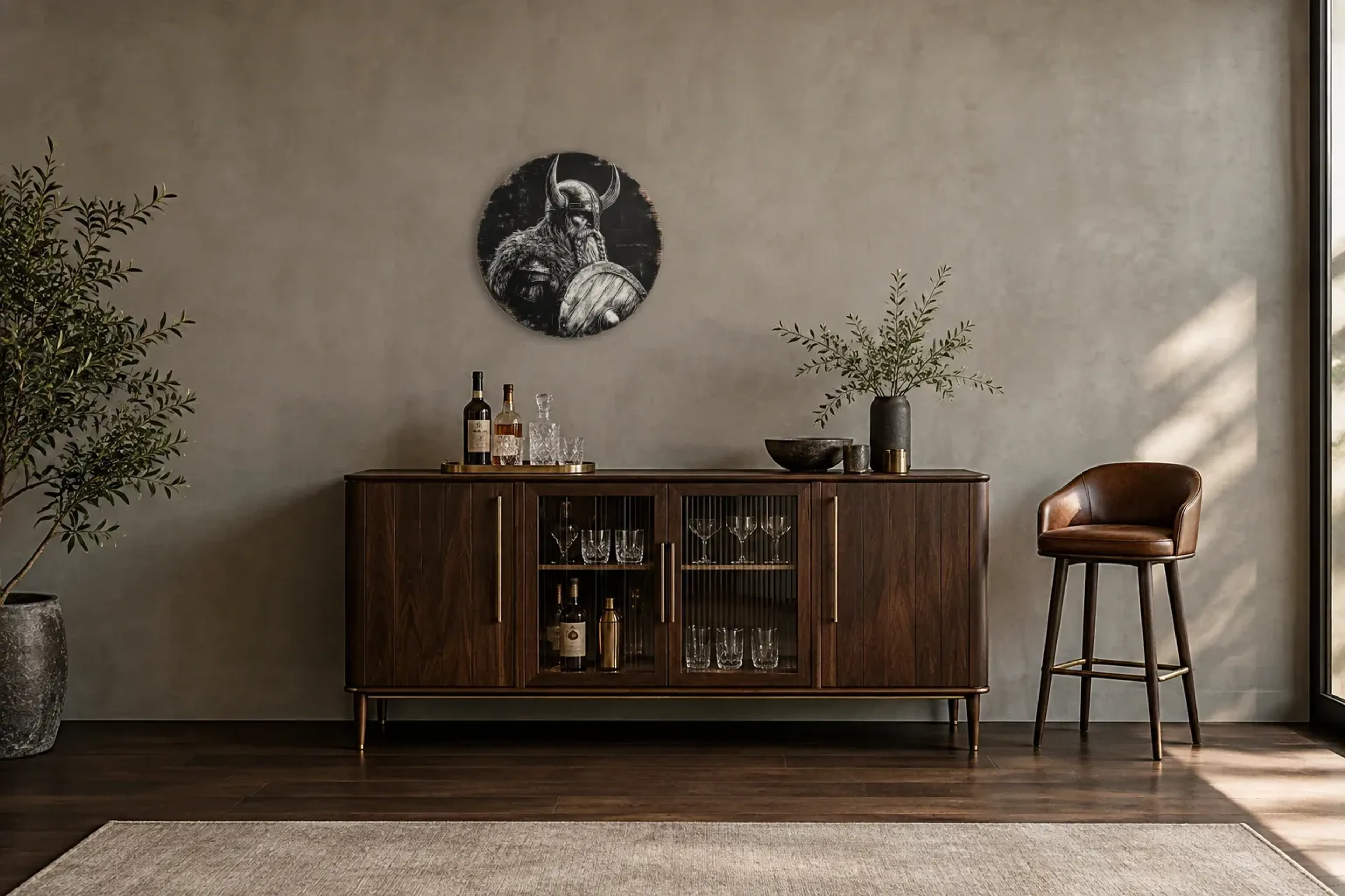 Wikinger mit Rundschild als Wandbild über einem 150-cm-Barschrank