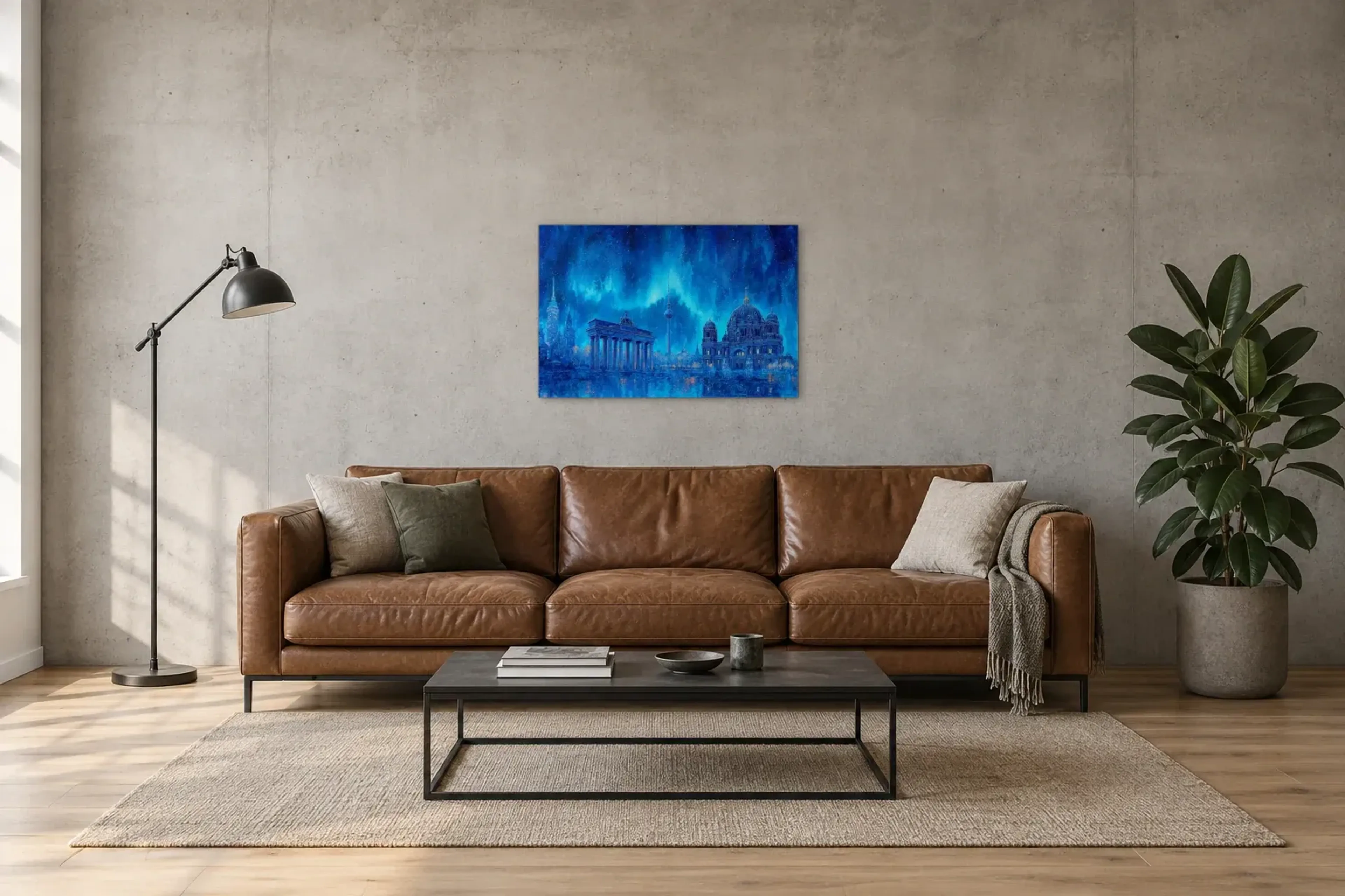 Berlin im blauen Licht als Wandbild über einem 220-cm-Sofa