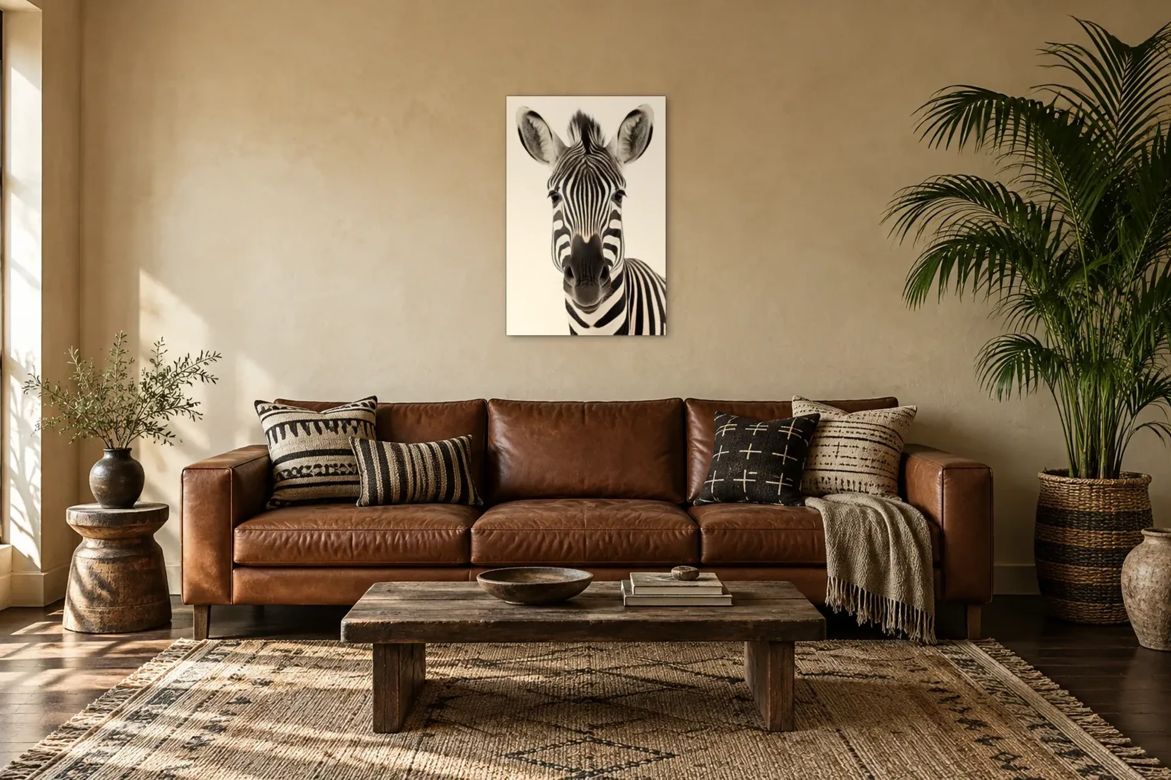Zebra frontal als Wandbild über einem 220-cm-Sofa