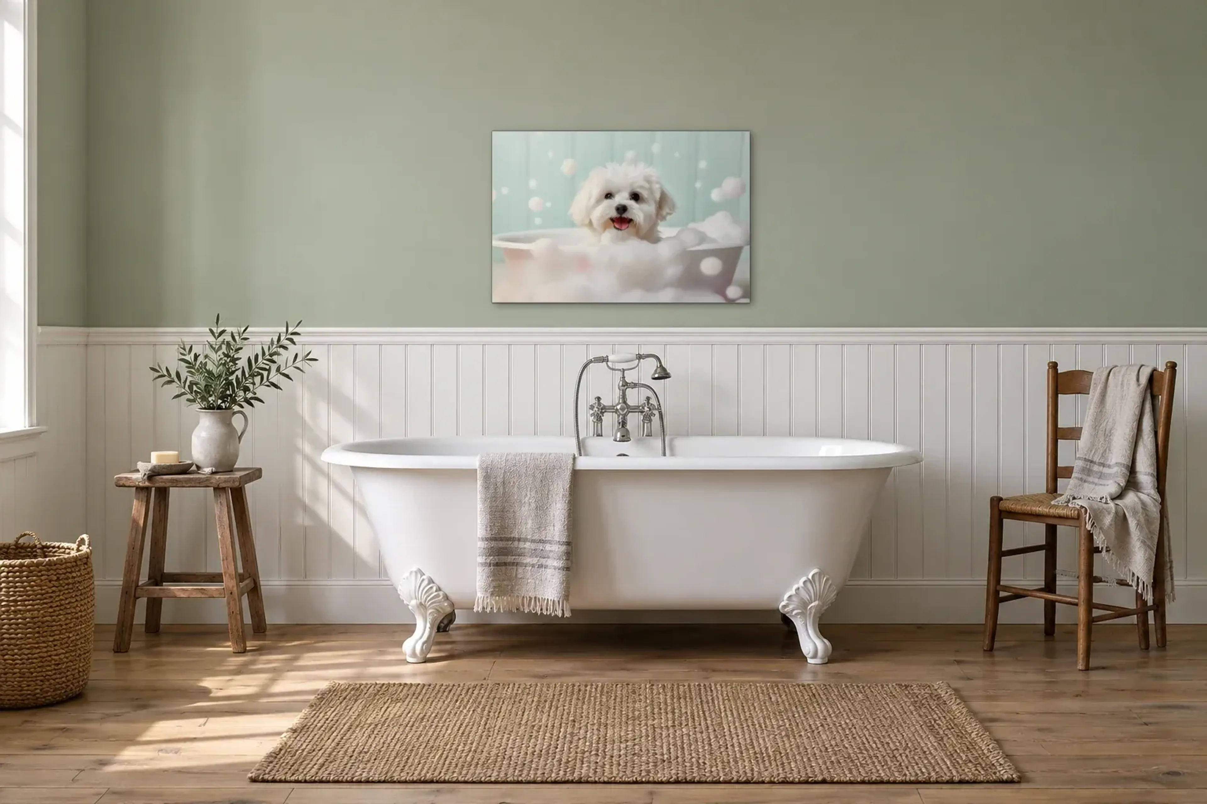 Malteser im Schaumbad als Wandbild über einer 170-cm-Badewanne