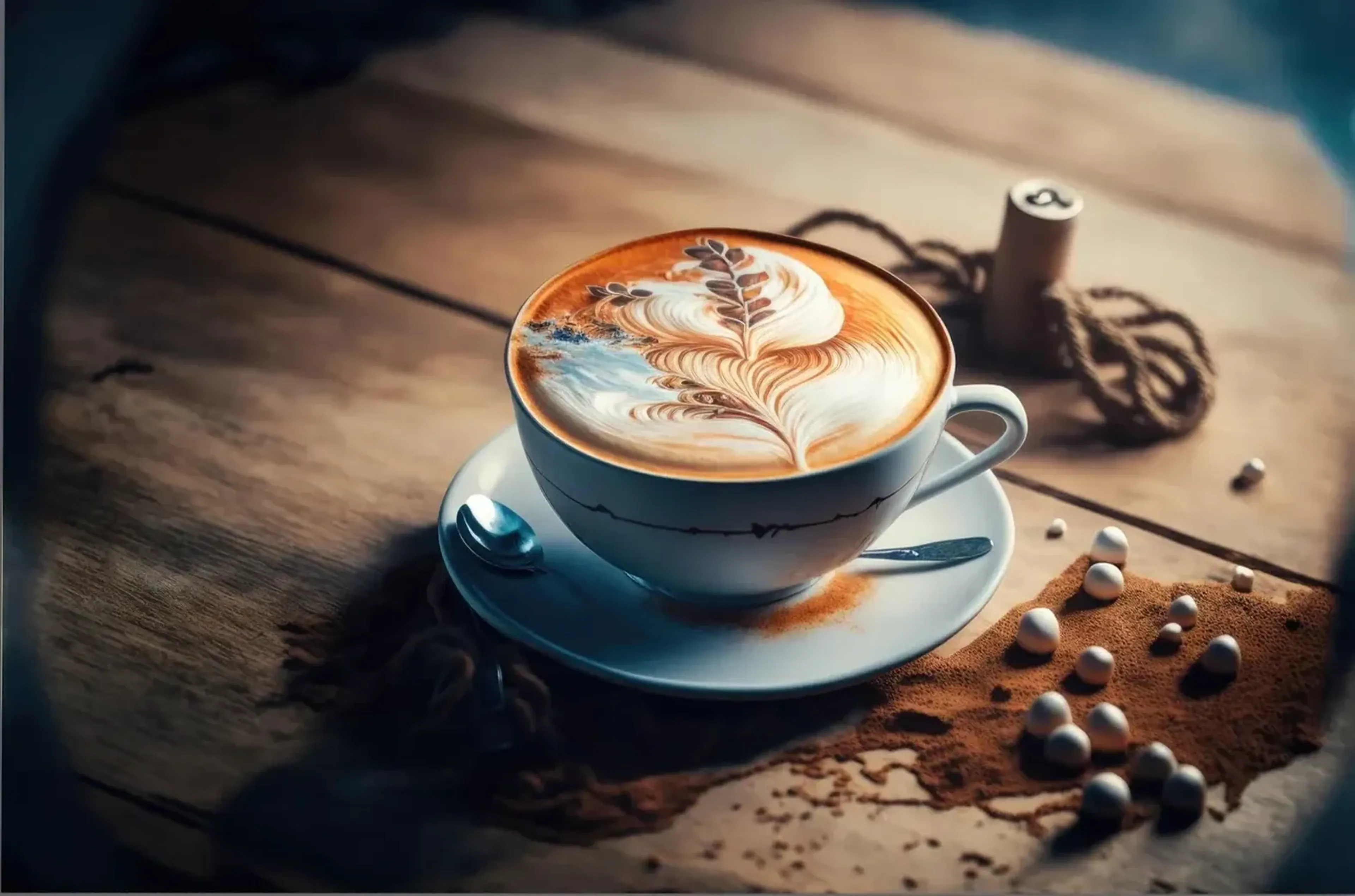 Helle Kaffeetasse mit Blattmuster im Milchschaum auf einem Holztisch im warmen Seitenlicht.