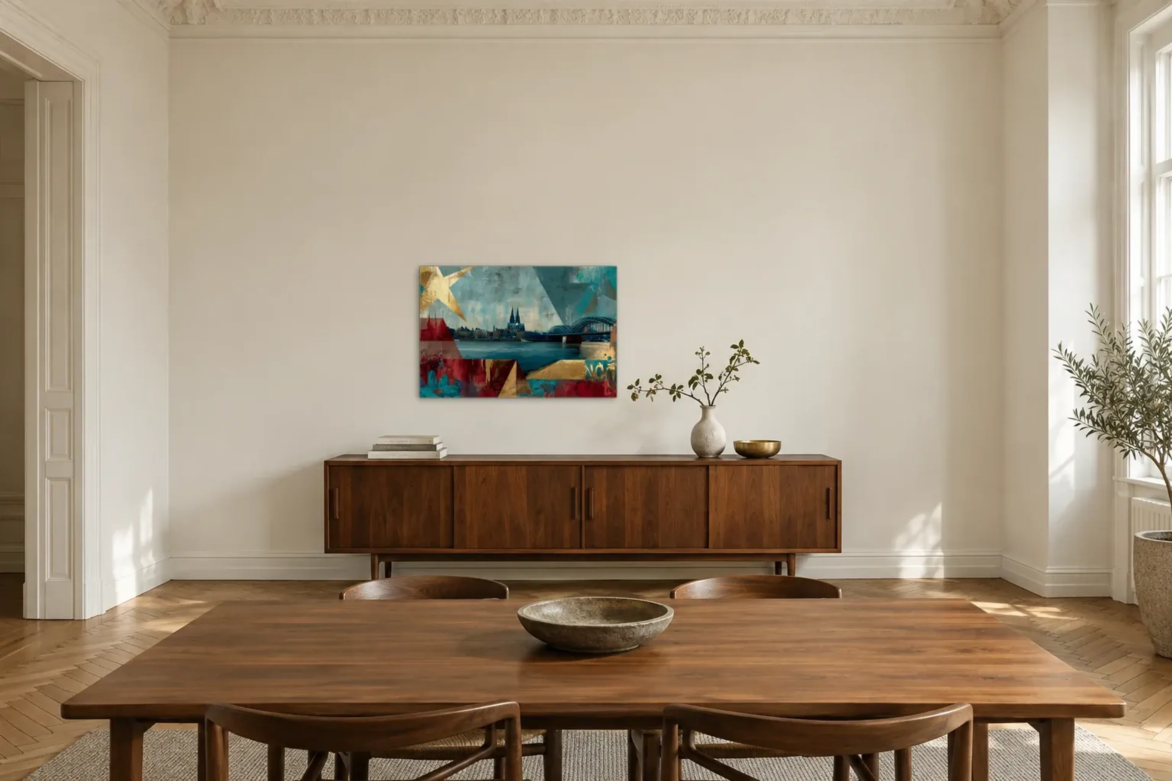 Köln mit goldenem Stern als Wandbild über einem 200-cm-Sideboard