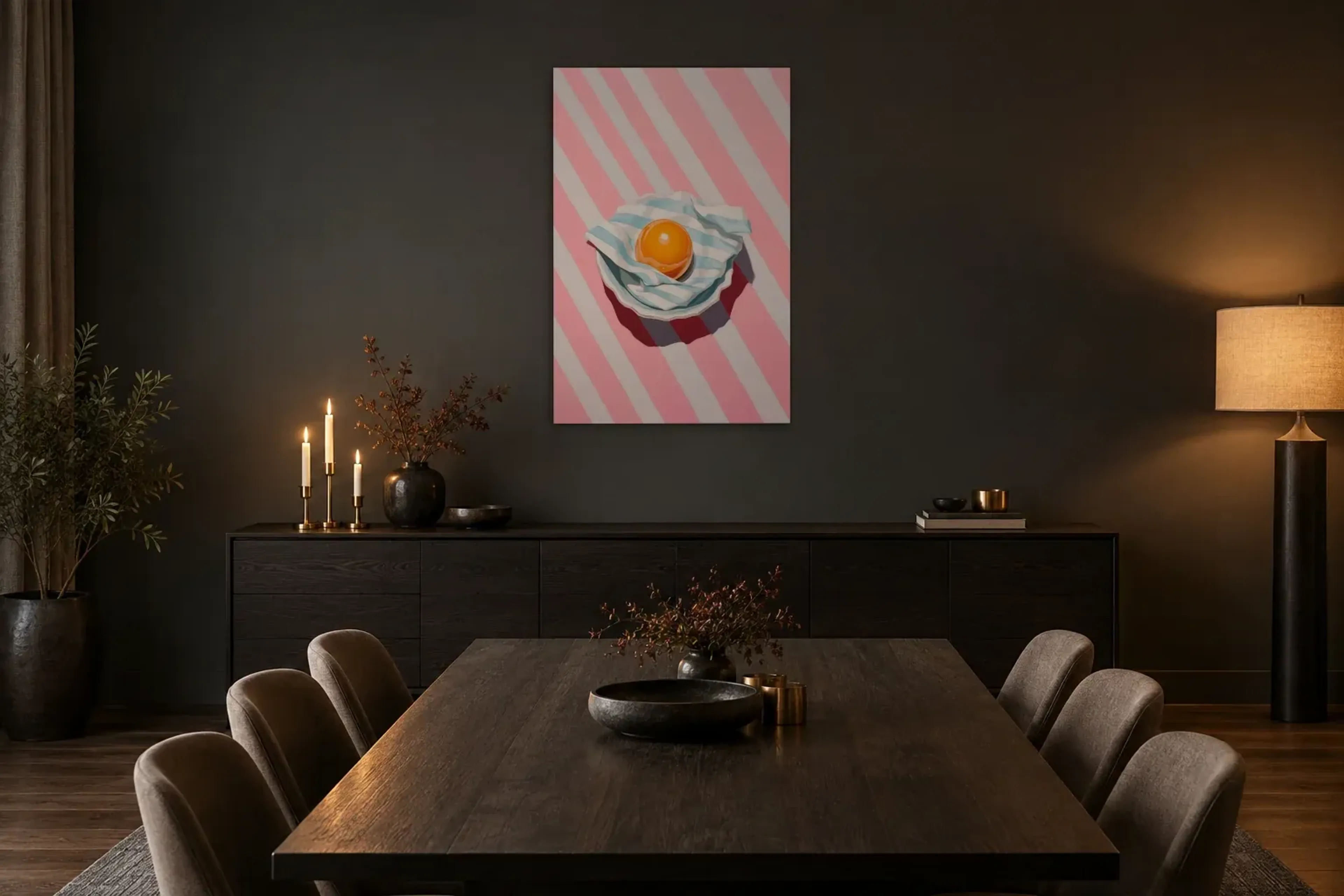 Eigelb auf Streifen als Wandbild über einem 180-cm-Sideboard