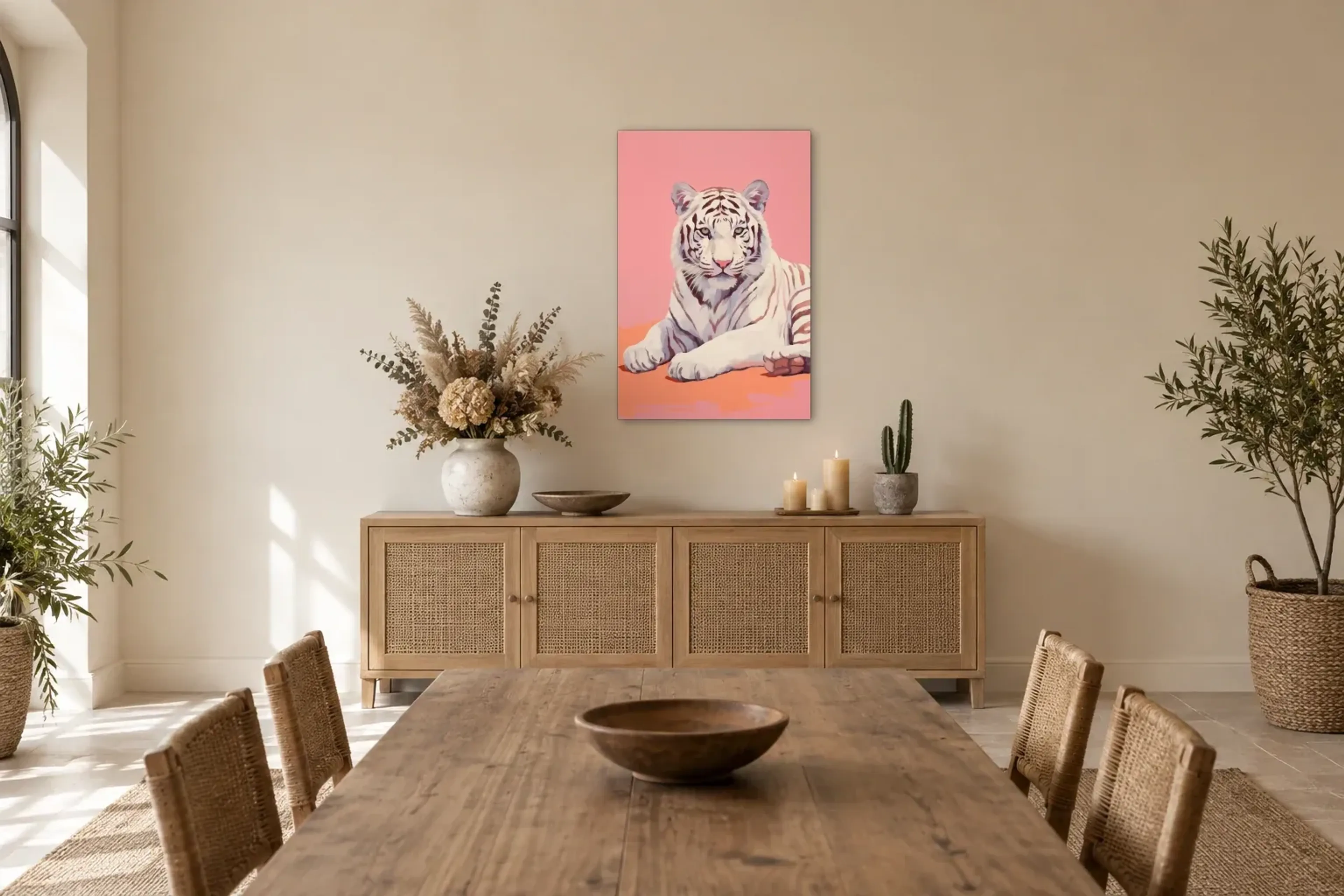 Weißer Tiger Pop Art als Wandbild über einem 160-cm-Sideboard