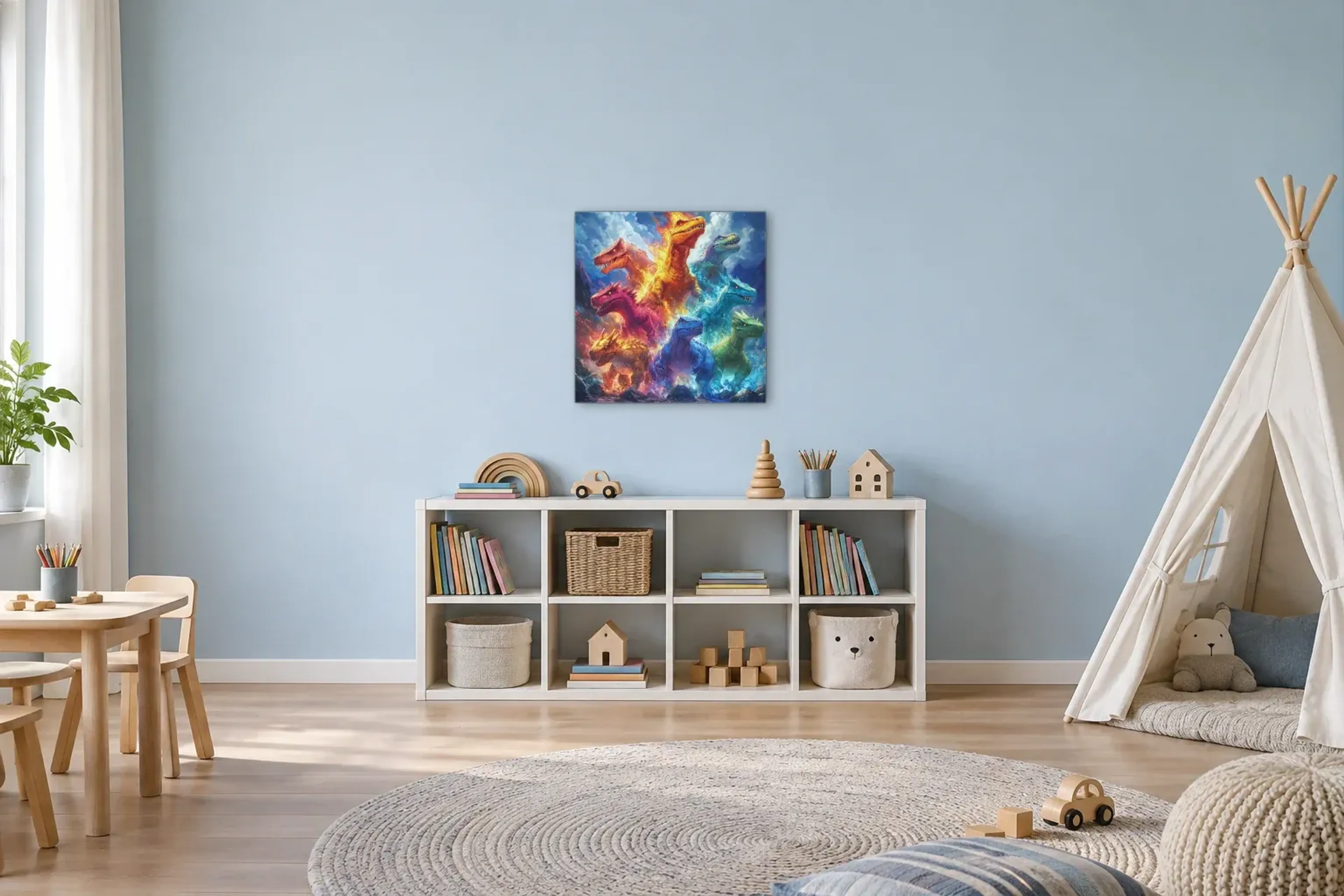 Dinosaurier zwischen Feuer und Eis als Wandbild über einem 120-cm-Spielregal