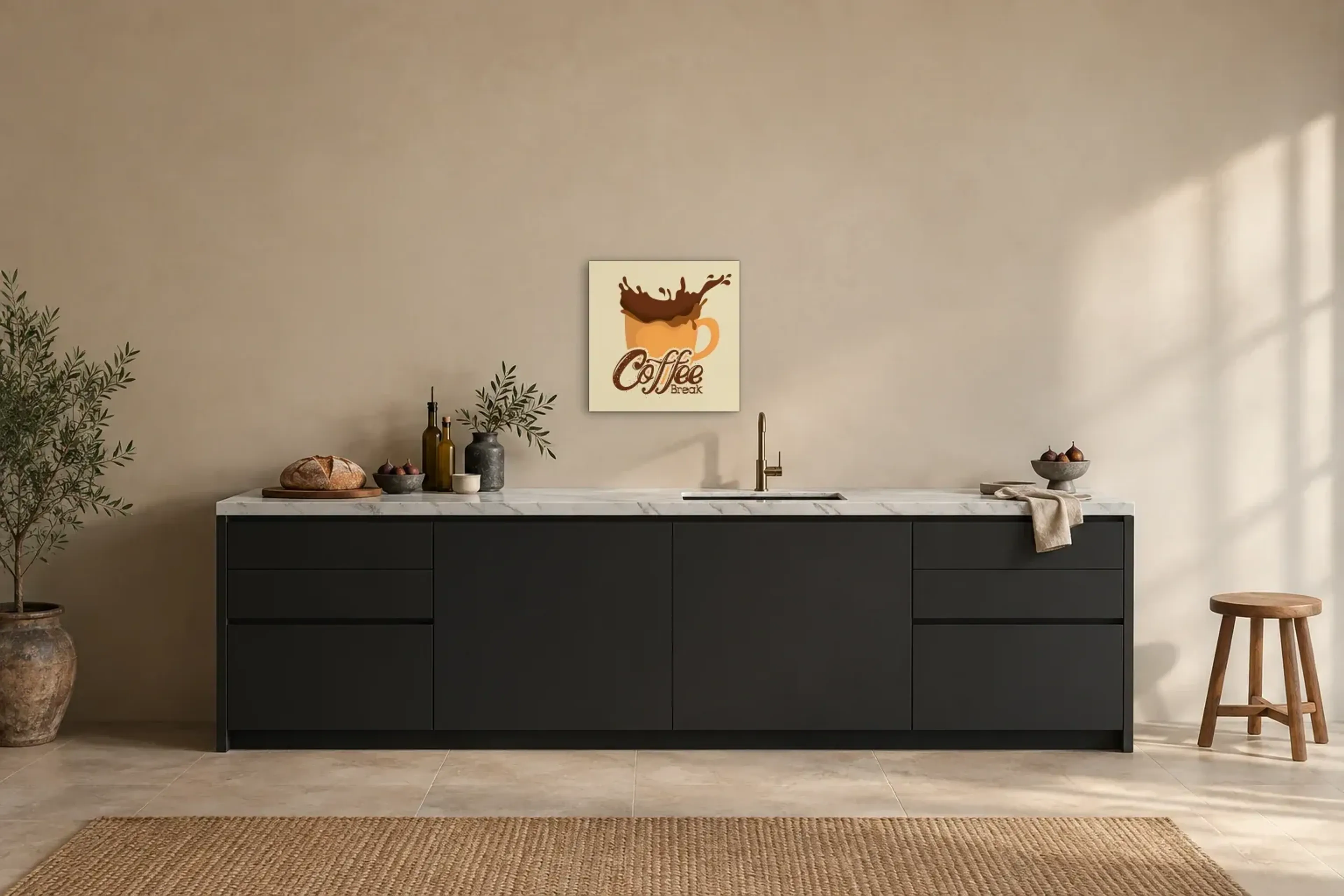 Kaffee-Pause als Wandbild über einer 200-cm-Arbeitsplatte