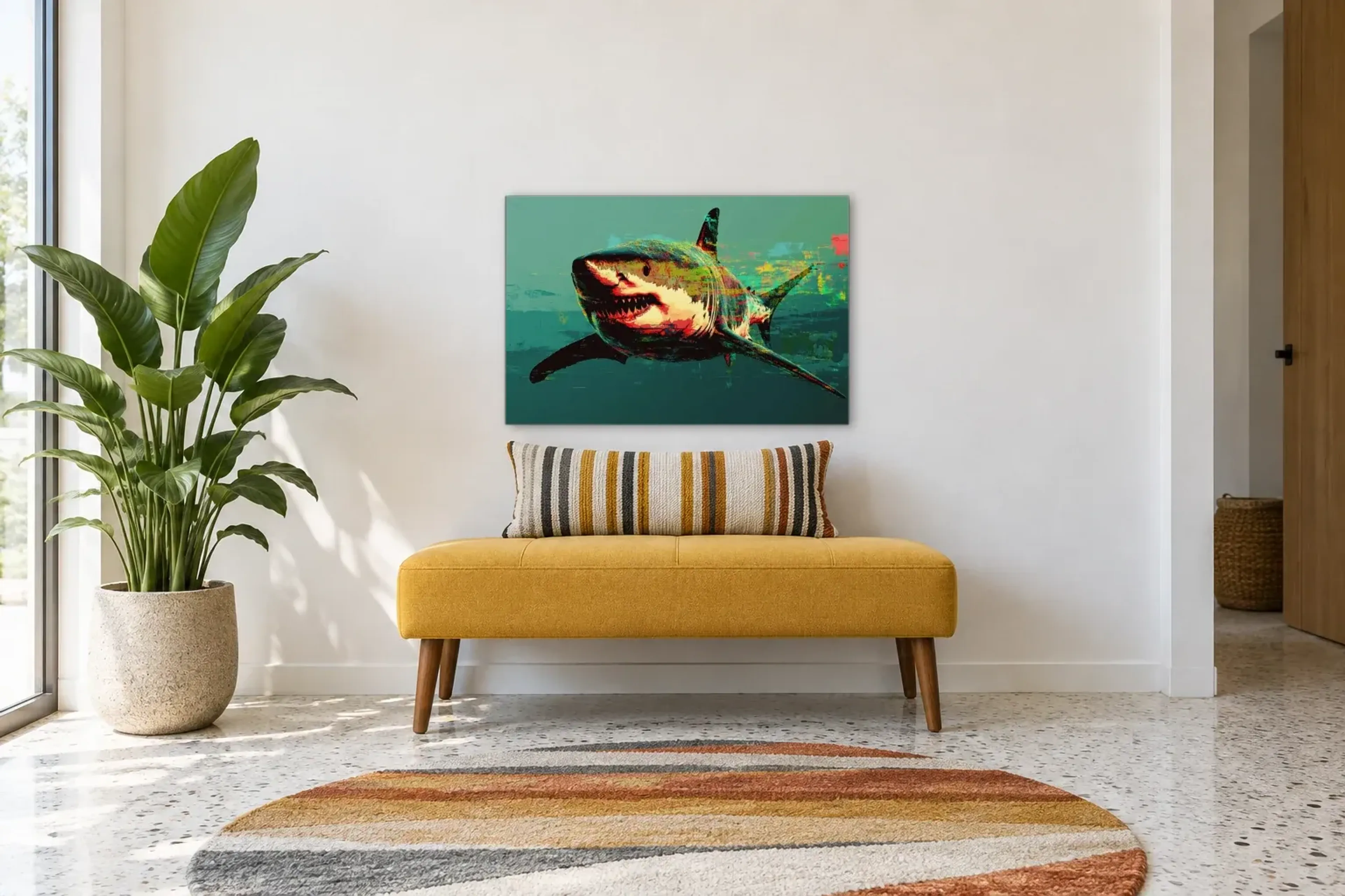 Hai mit offenem Maul als Wandbild über einer 120-cm-Bank