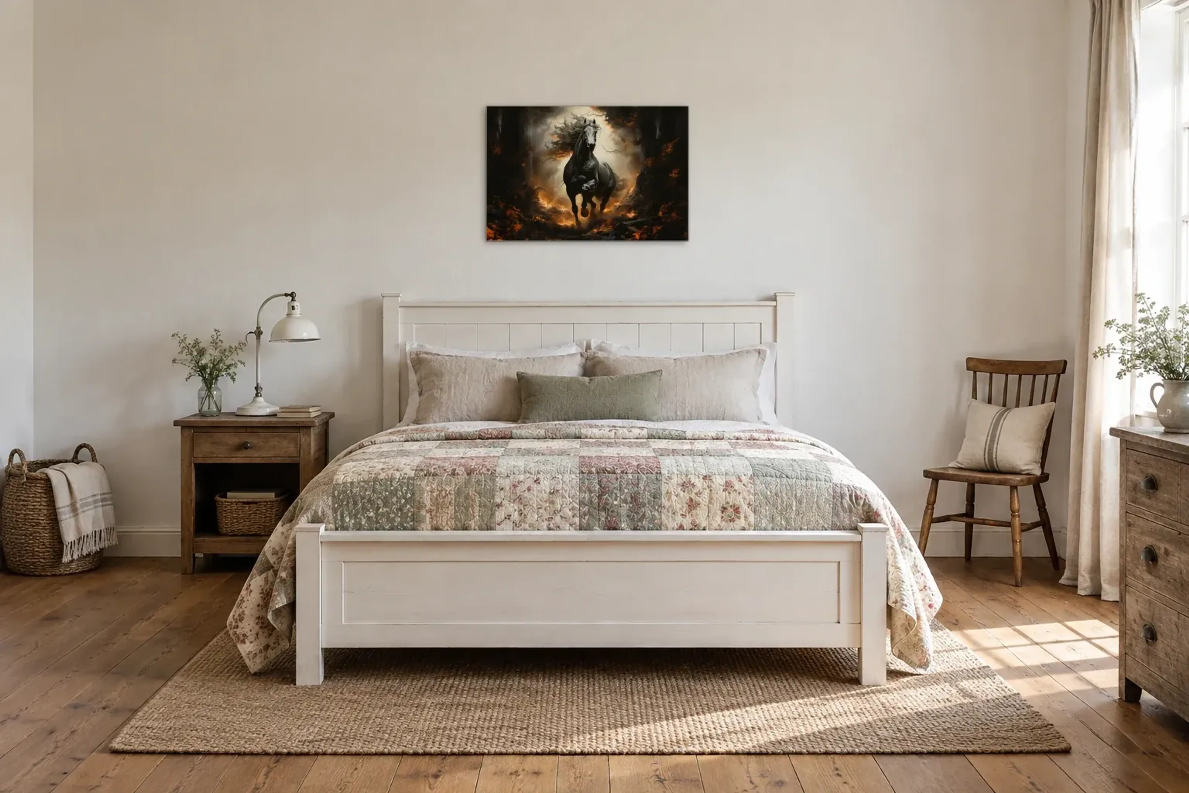 Mystischer Hengst als Wandbild über einem 160-cm-Bett