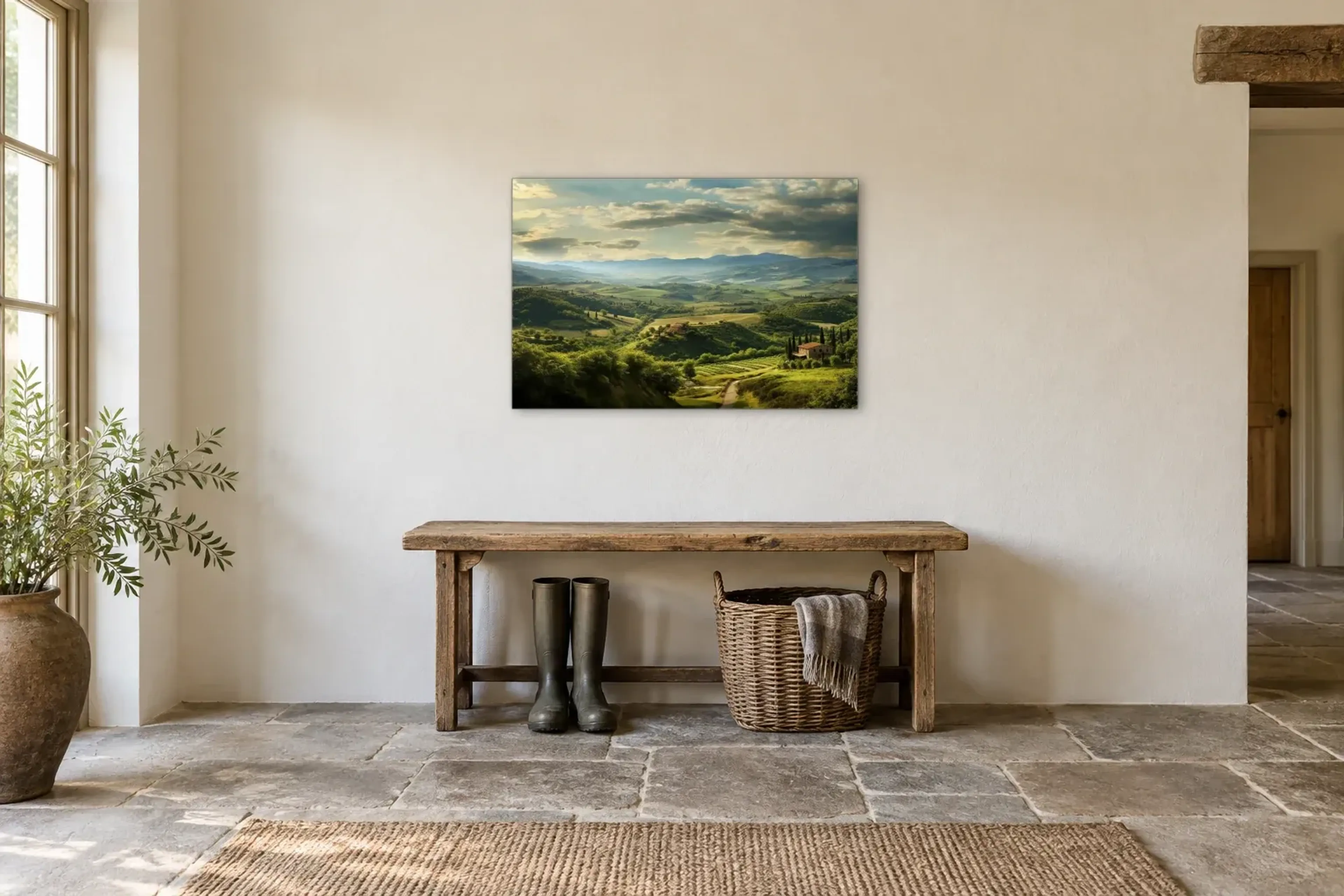 Hügel der Toskana als Wandbild über einer 120-cm-Bank