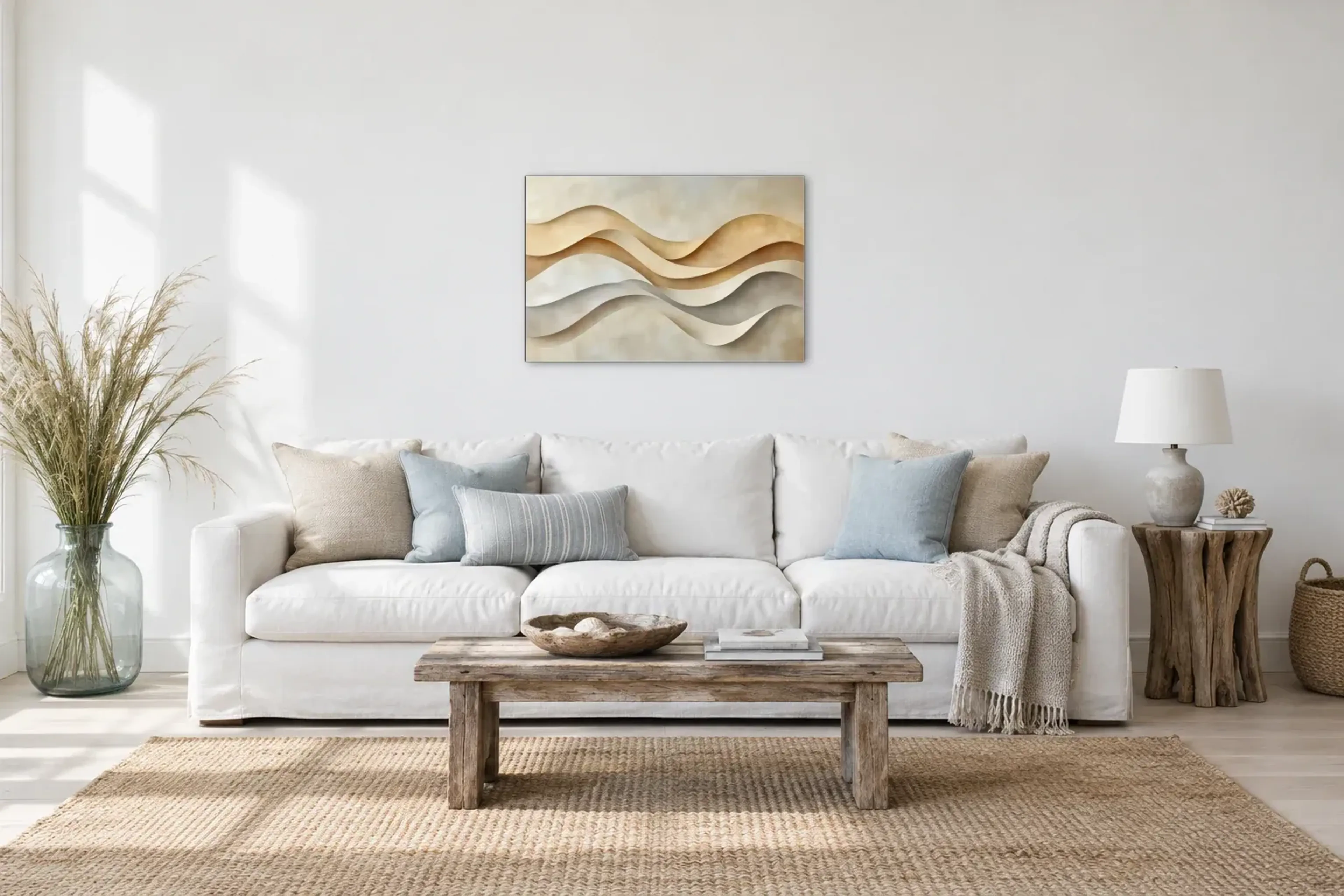 Beige Wellen als Wandbild über einem 220-cm-Sofa