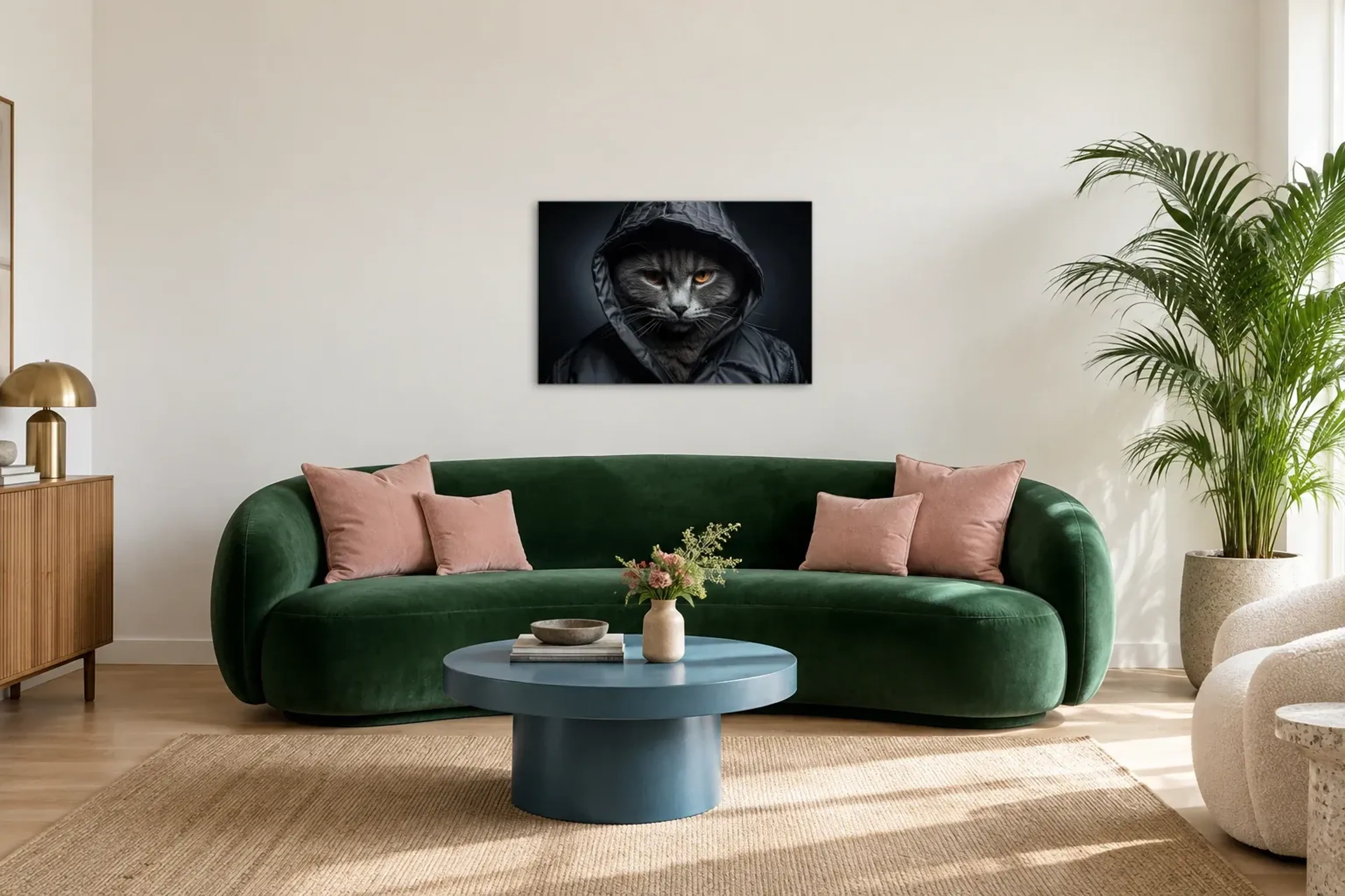Coole Katze mit Kapuze als Wandbild über einem 220-cm-Sofa