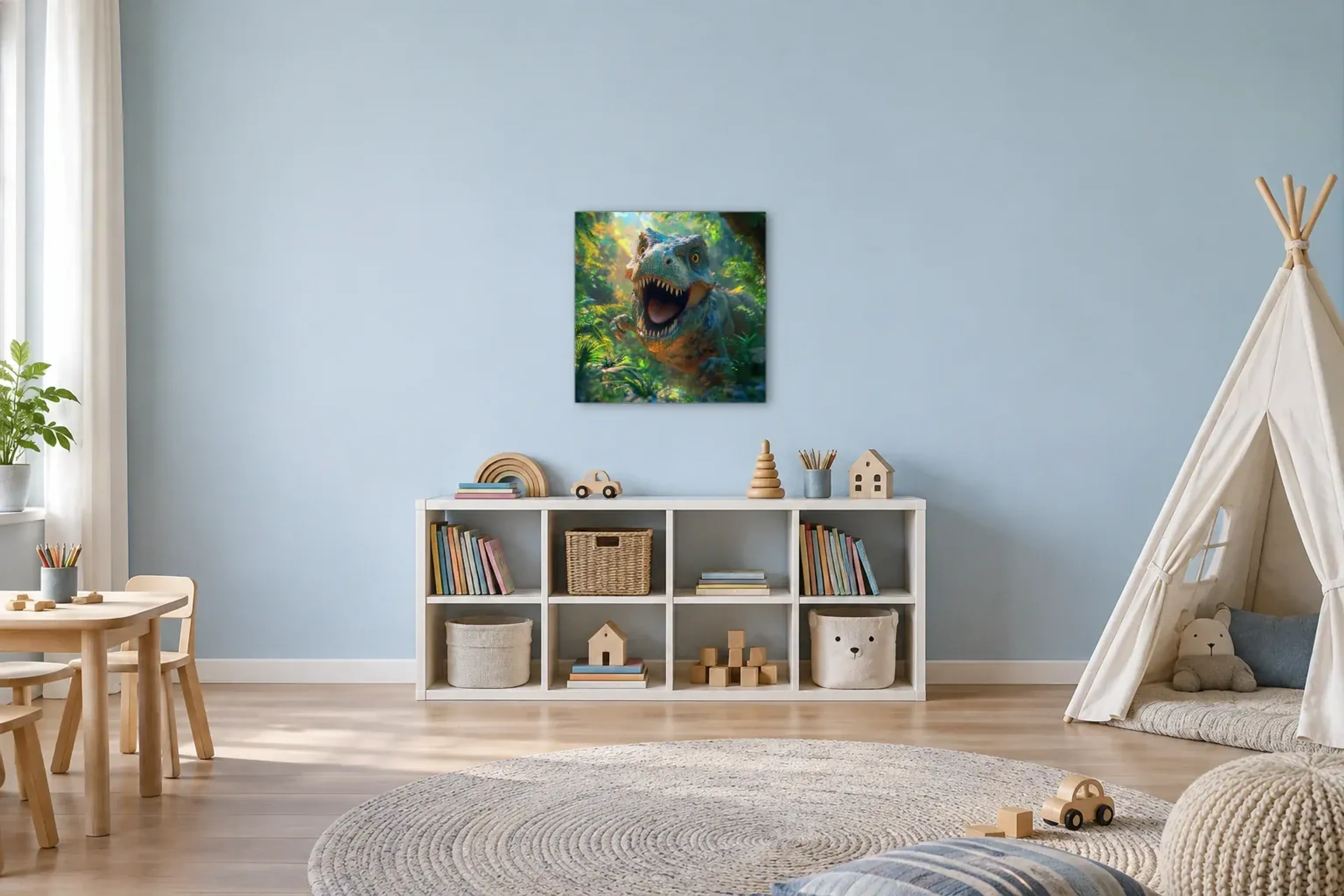 Dino im Dschungellicht als Wandbild über einem 120-cm-Spielregal