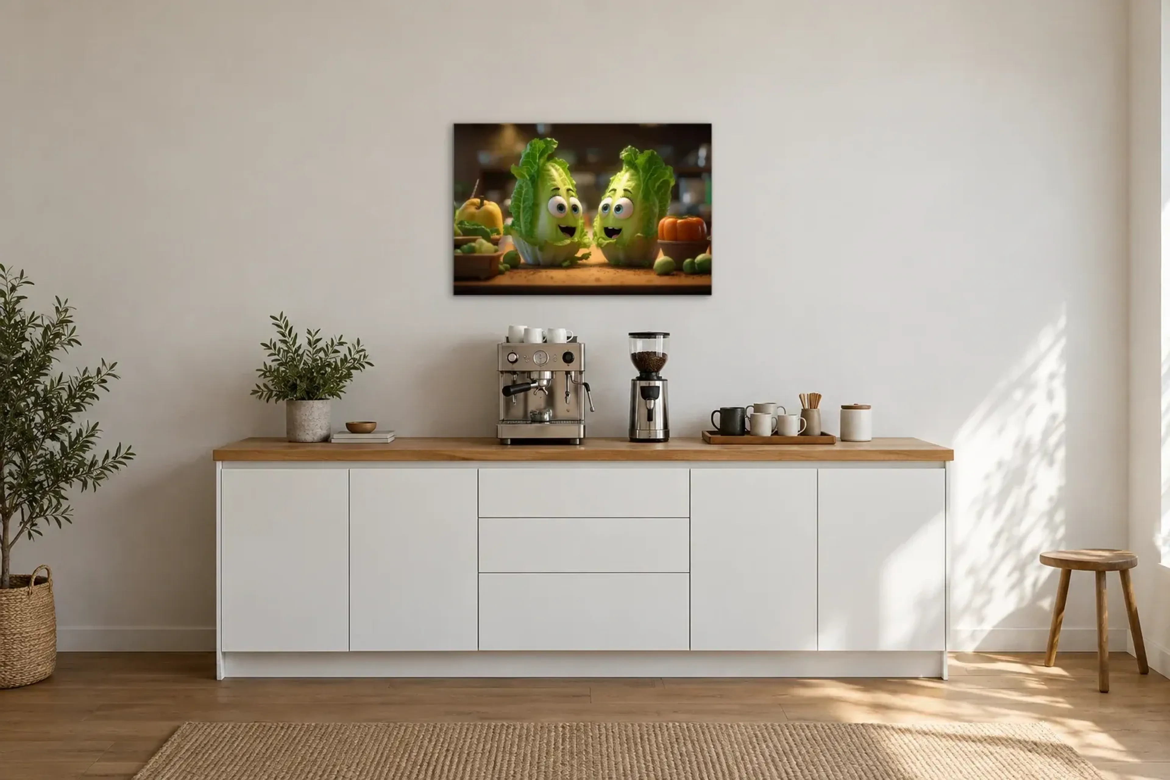 Fröhliches Salatduo als Wandbild über einer 200-cm-Arbeitsplatte