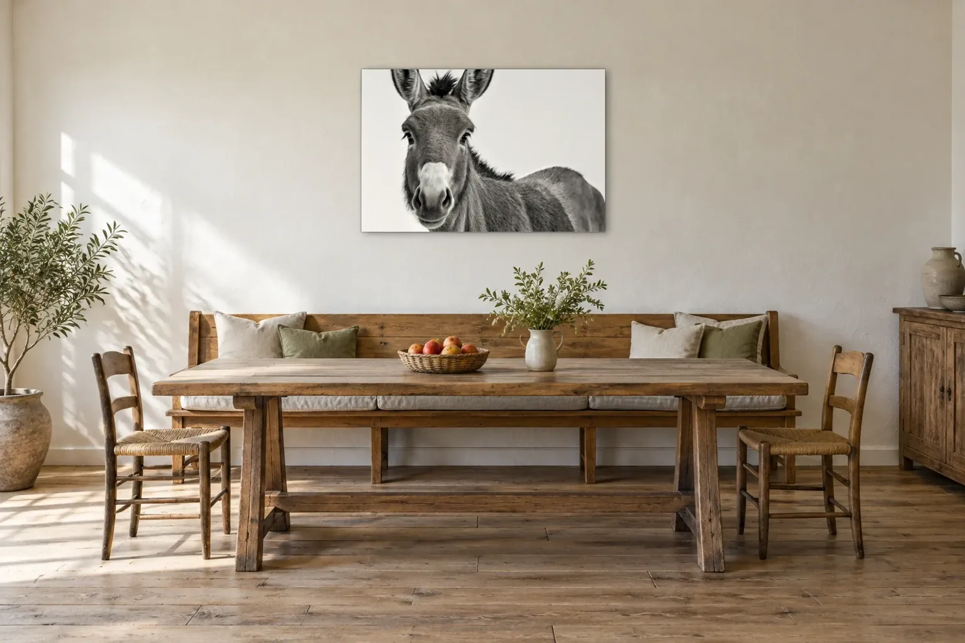 Esel schwarz weiß als Wandbild über einer 200-cm-Sitzbank
