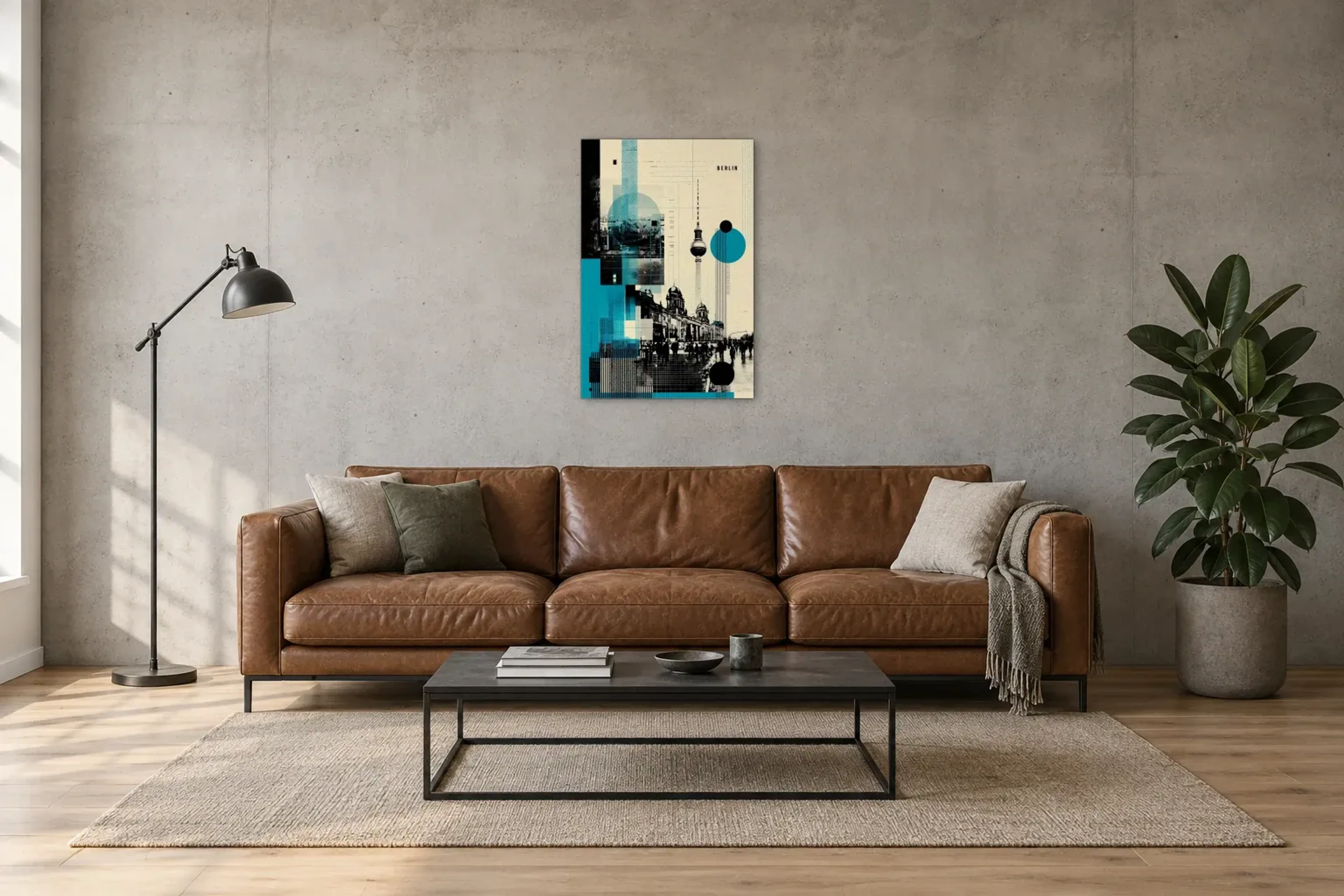 Berlin in Türkis und Schwarz als Wandbild über einem 220-cm-Sofa