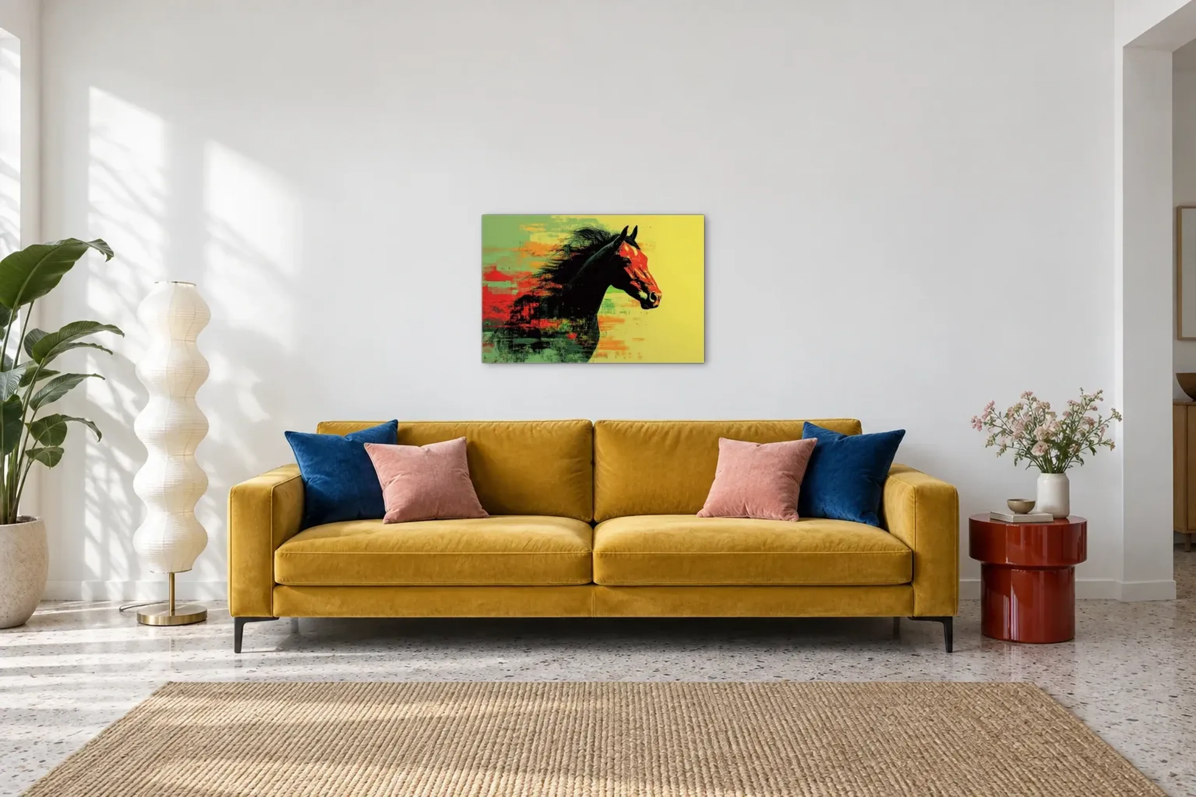 Pferd mit wehender Mähne als Wandbild über einem 220-cm-Sofa