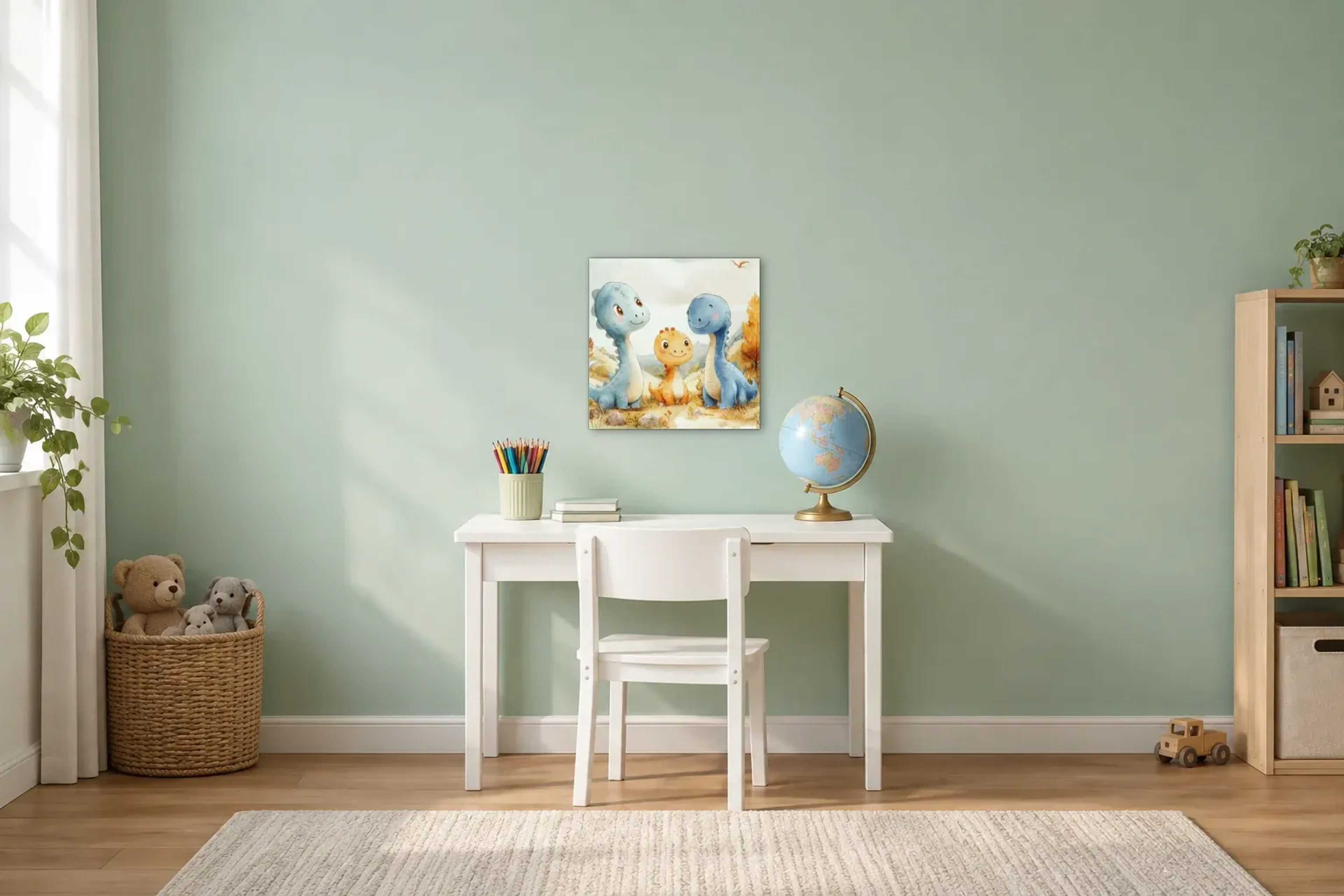 Dinotr io im Herbst als Wandbild über einem 110-cm-Kinderschreibtisch