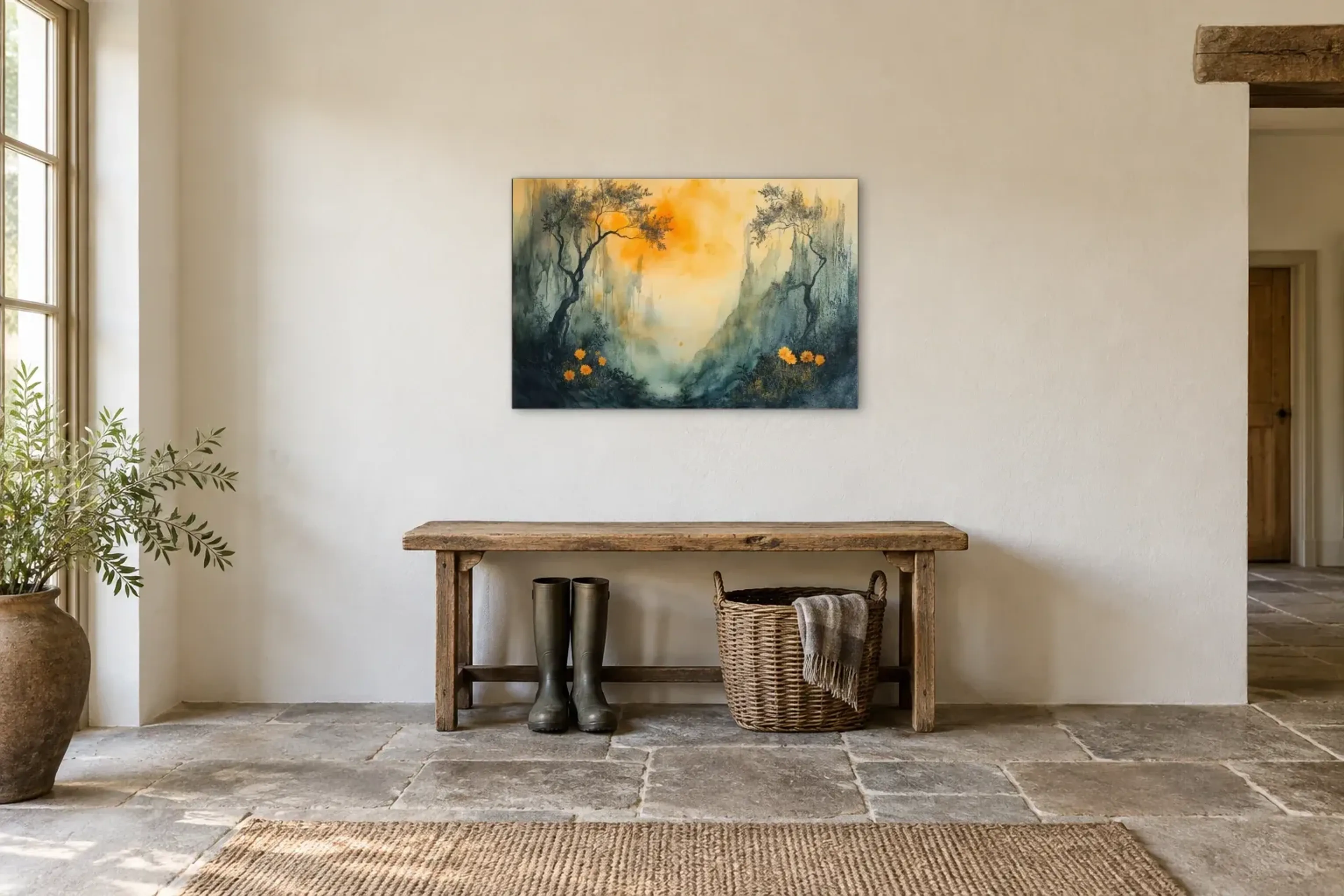 Tal im goldenen Licht als Wandbild über einer 120-cm-Bank