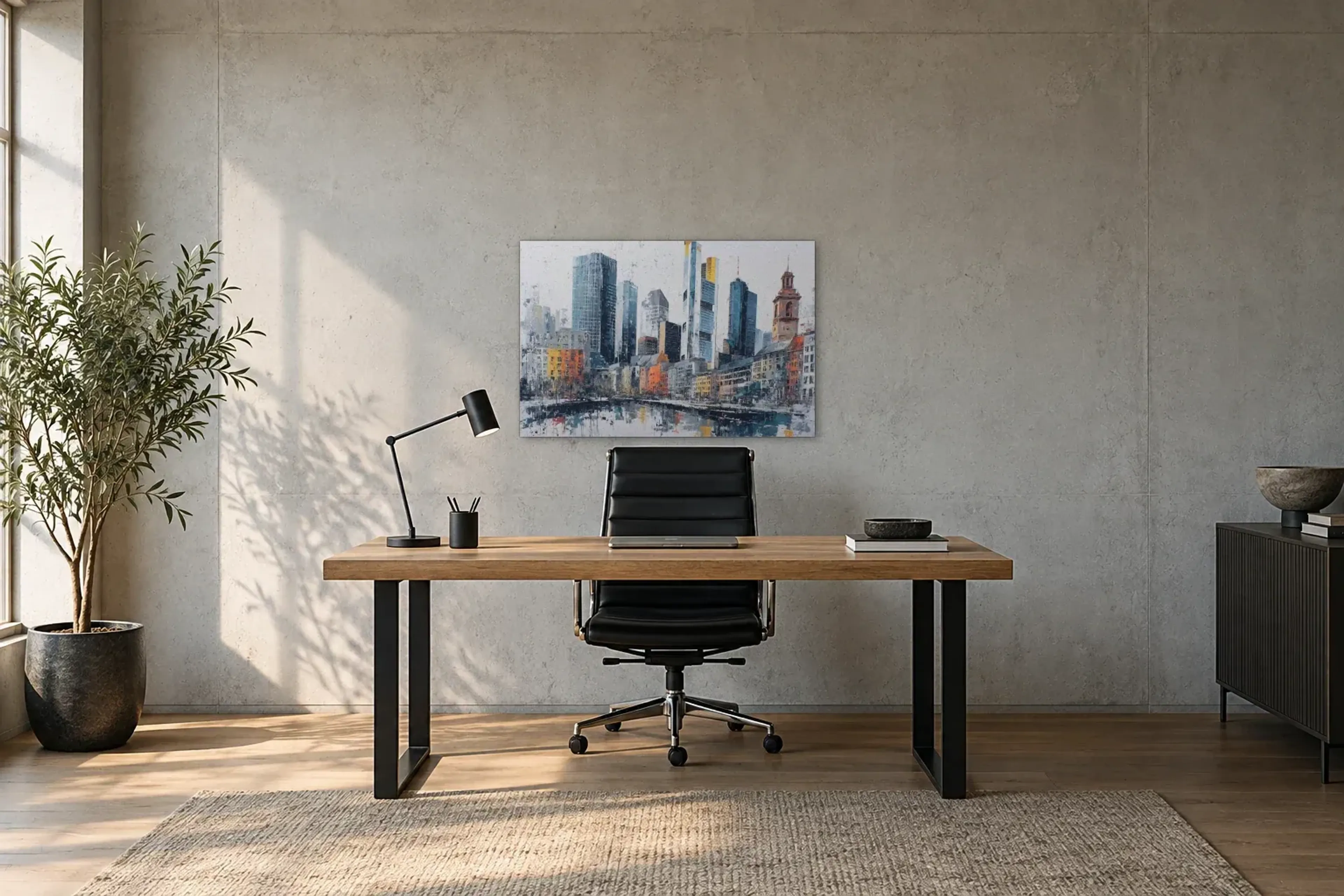 Frankfurts farbige Uferfassaden als Wandbild über einem 160-cm-Schreibtisch