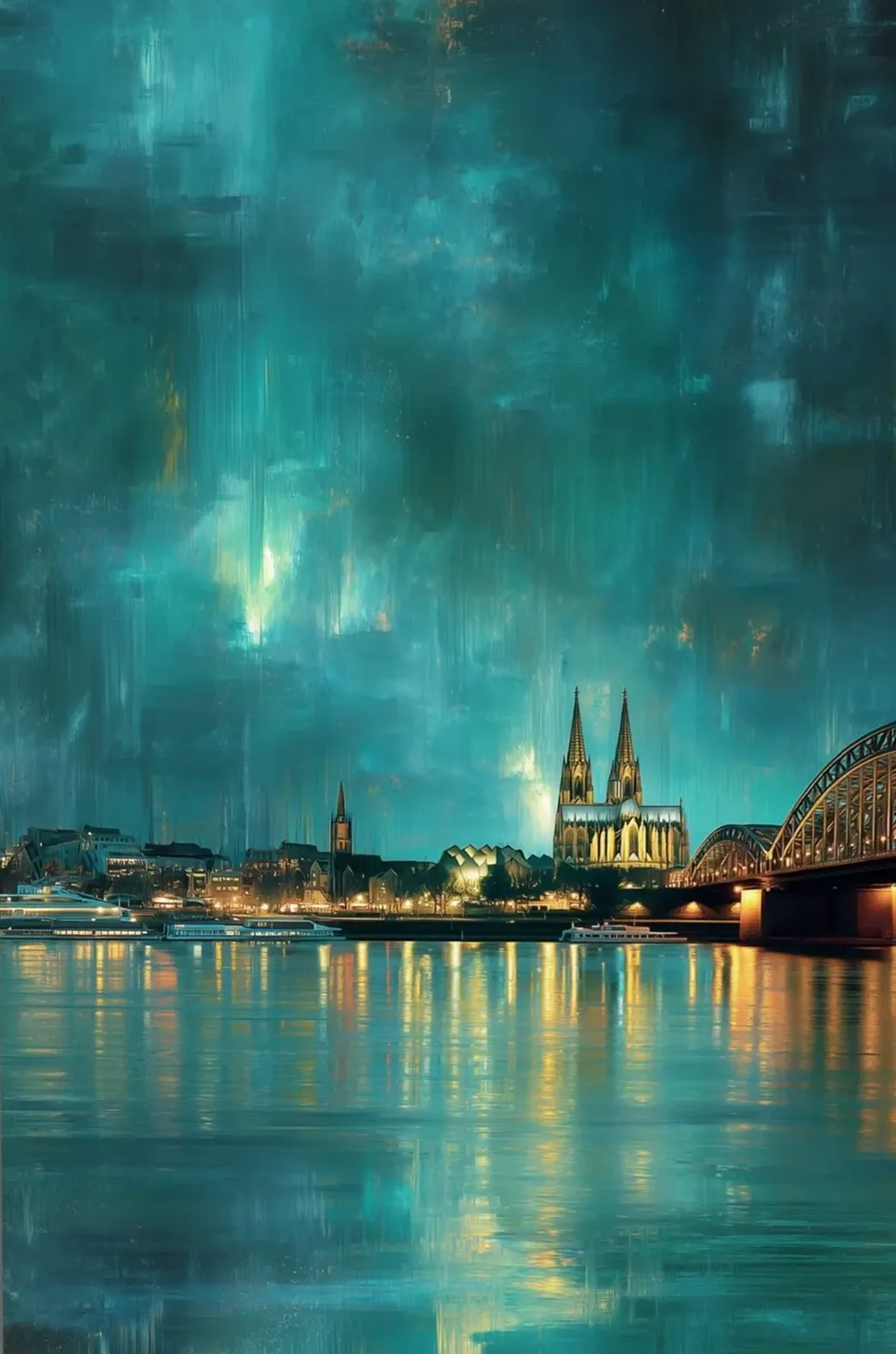 Beleuchteter Kölner Dom, Boote und Hohenzollernbrücke am Rhein mit goldgelben Spiegelungen in Türkis.