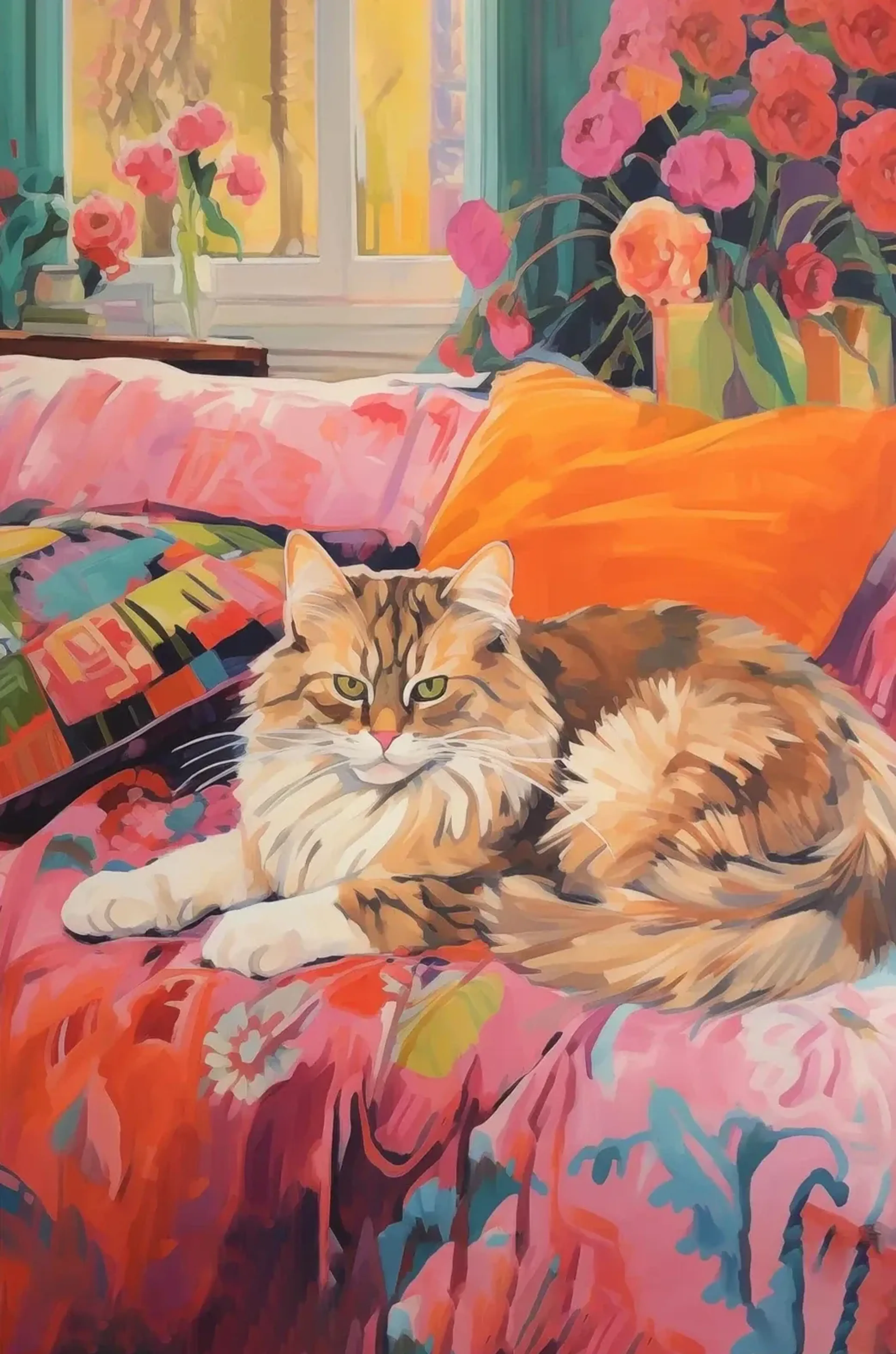 Katze auf buntem Sofa – Motiv als Wandbild auf Holz