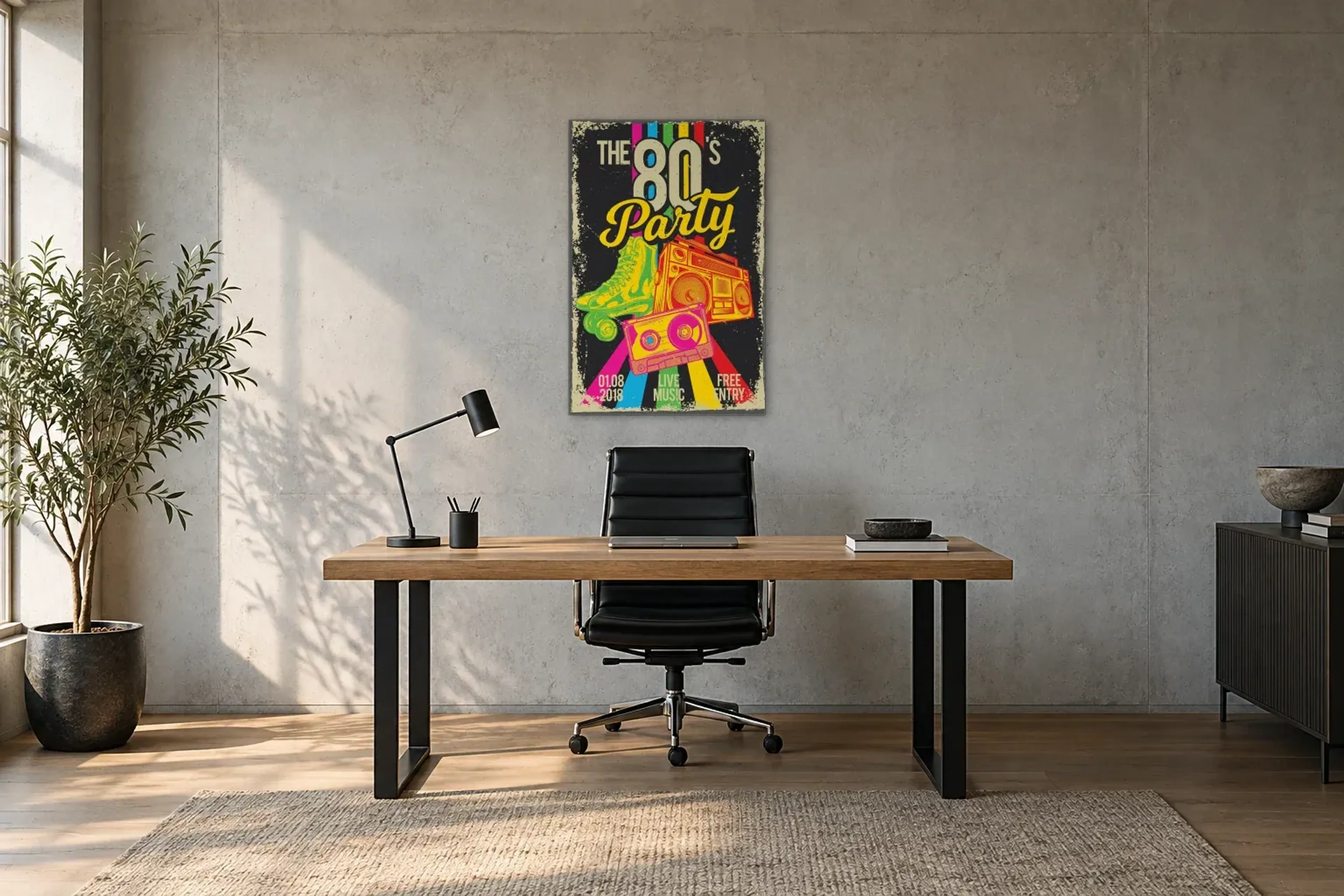 80er Party als Wandbild über einem 160-cm-Schreibtisch