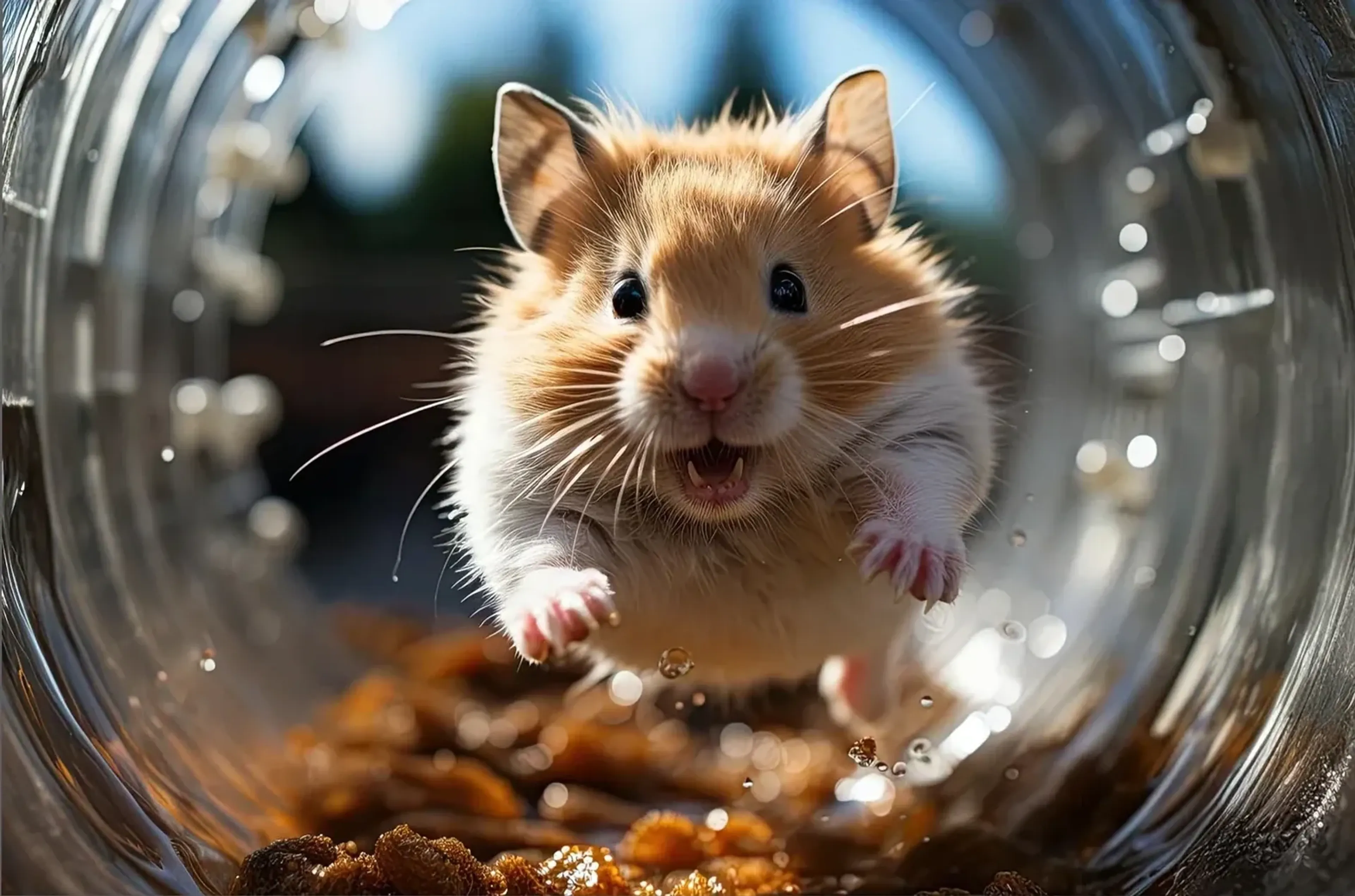 Goldbraun-weißer Hamster mit angehobenen Pfoten in einer durchsichtigen Röhre über Körnern und Krümeln.