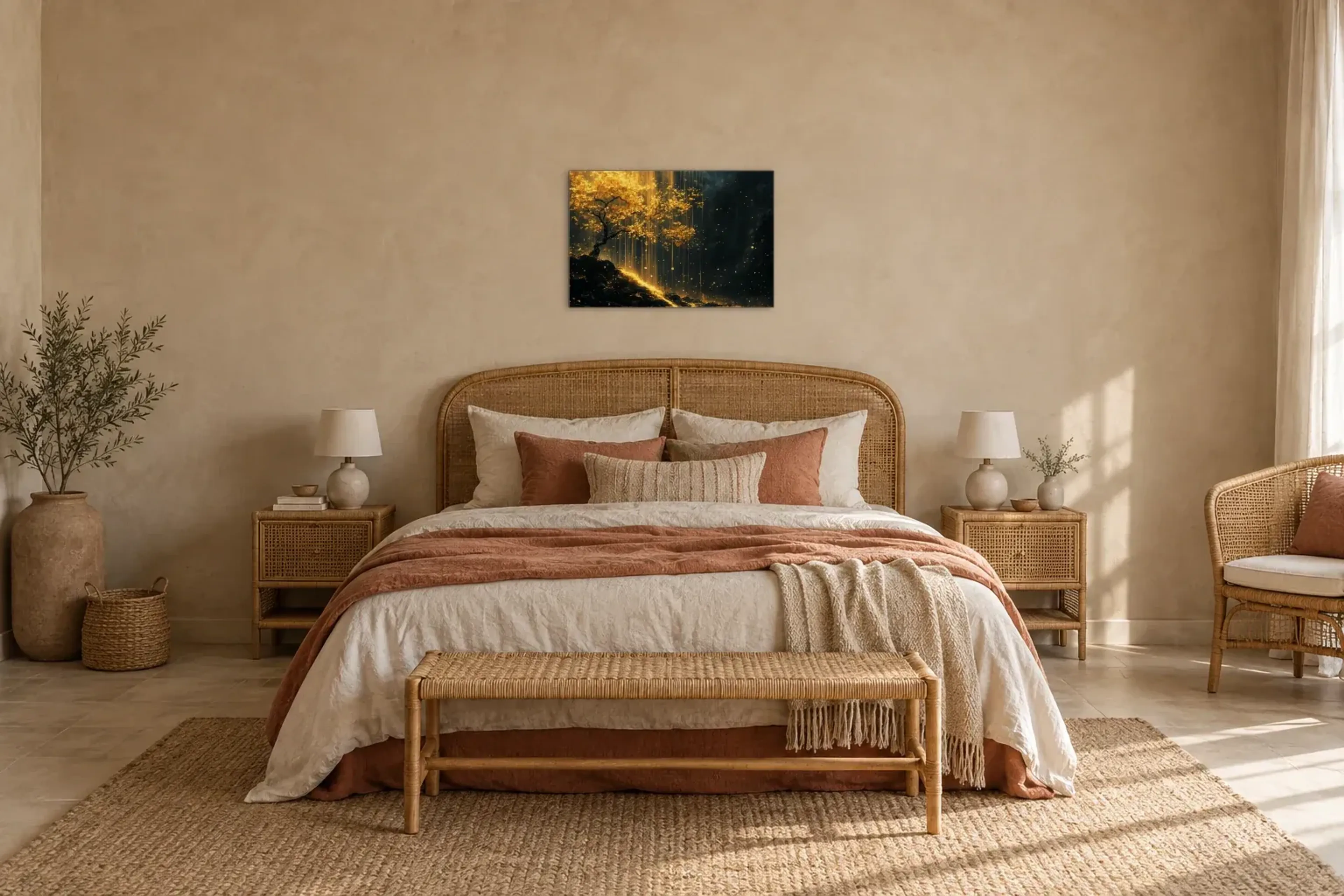 Goldene Äste als Wandbild über einem 180-cm-Bett