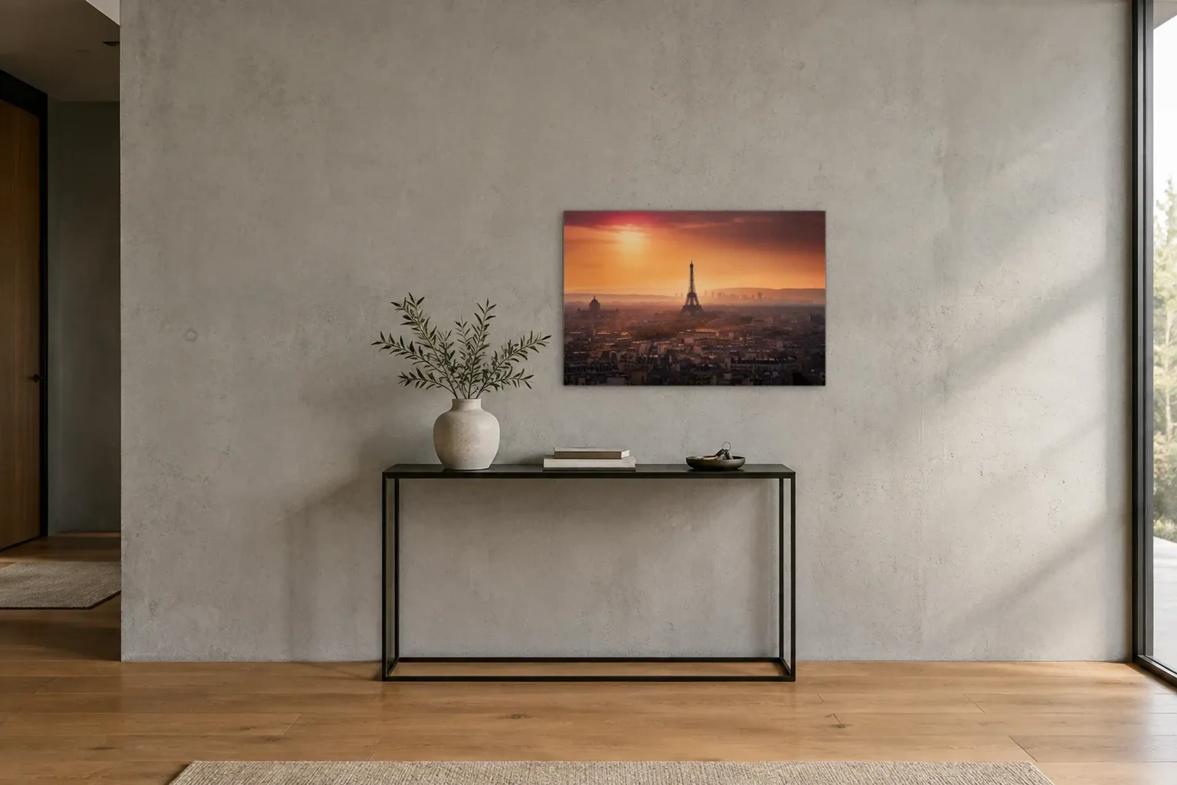 Paris im goldenen Licht als Wandbild über einer 120-cm-Konsole