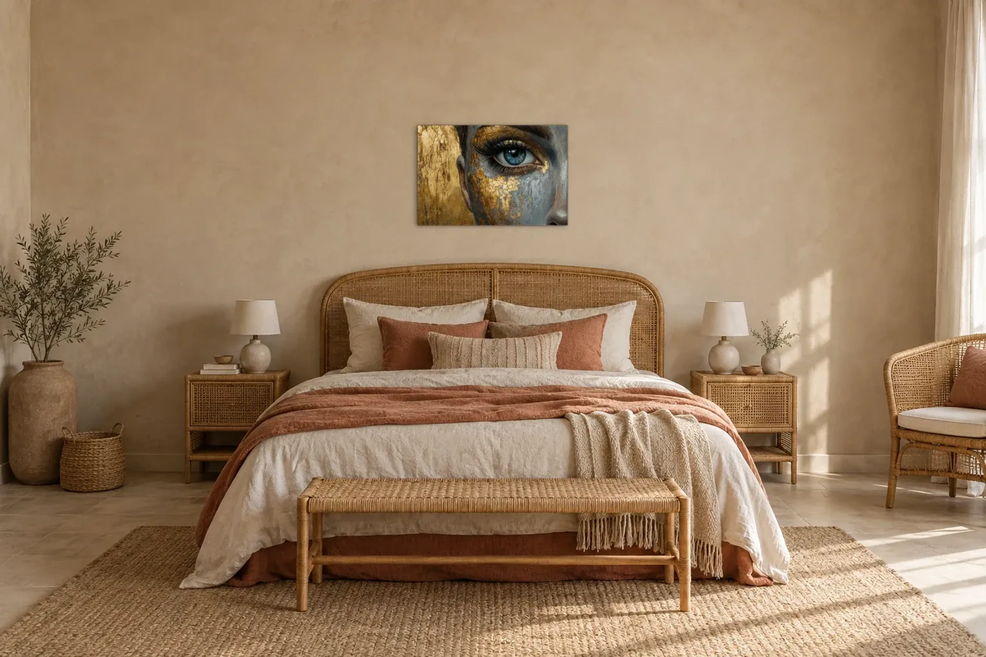 Blaues Auge in Gold als Wandbild über einem 180-cm-Bett