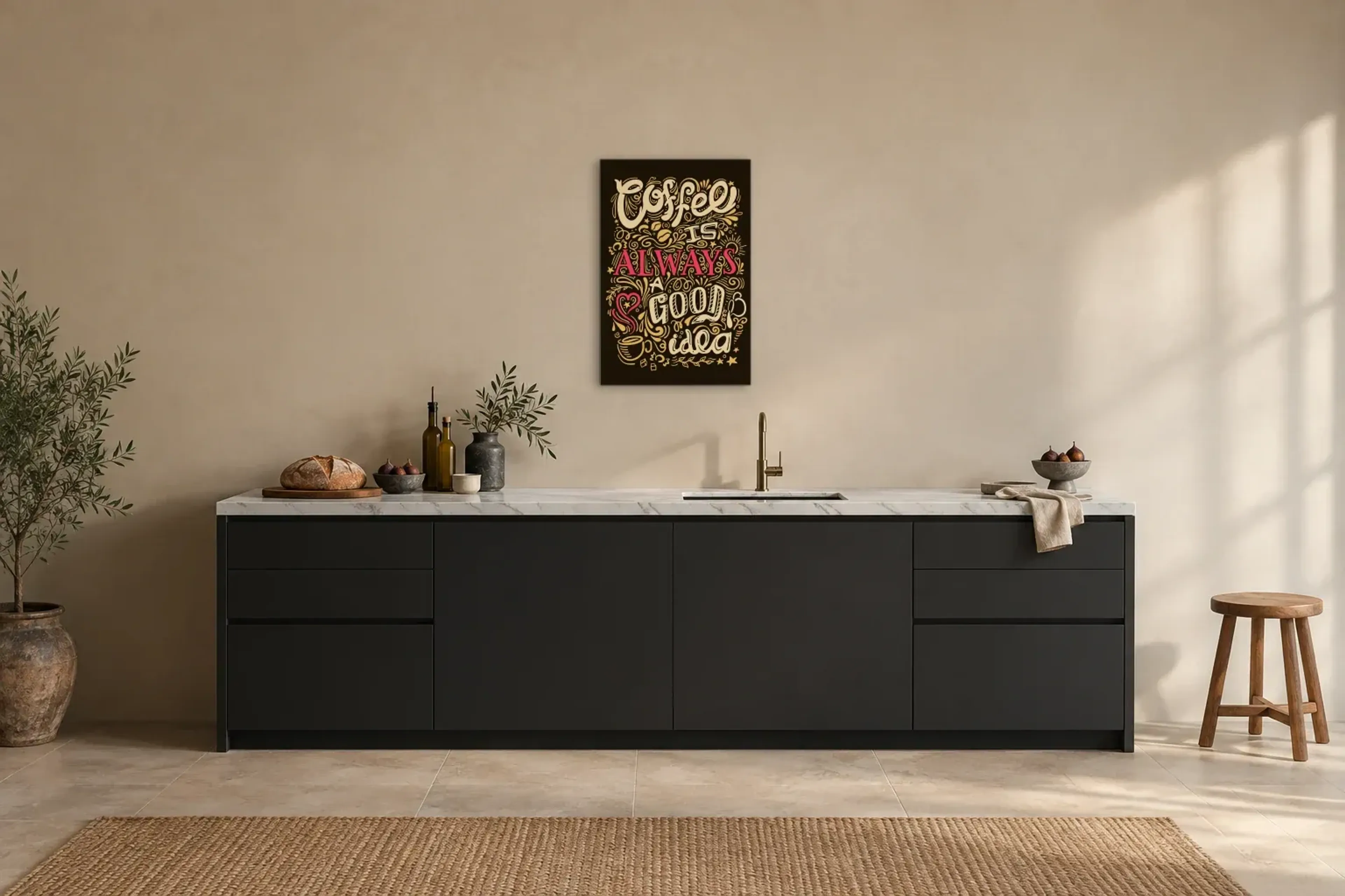 Kaffee als gute Idee als Wandbild über einer 200-cm-Arbeitsplatte
