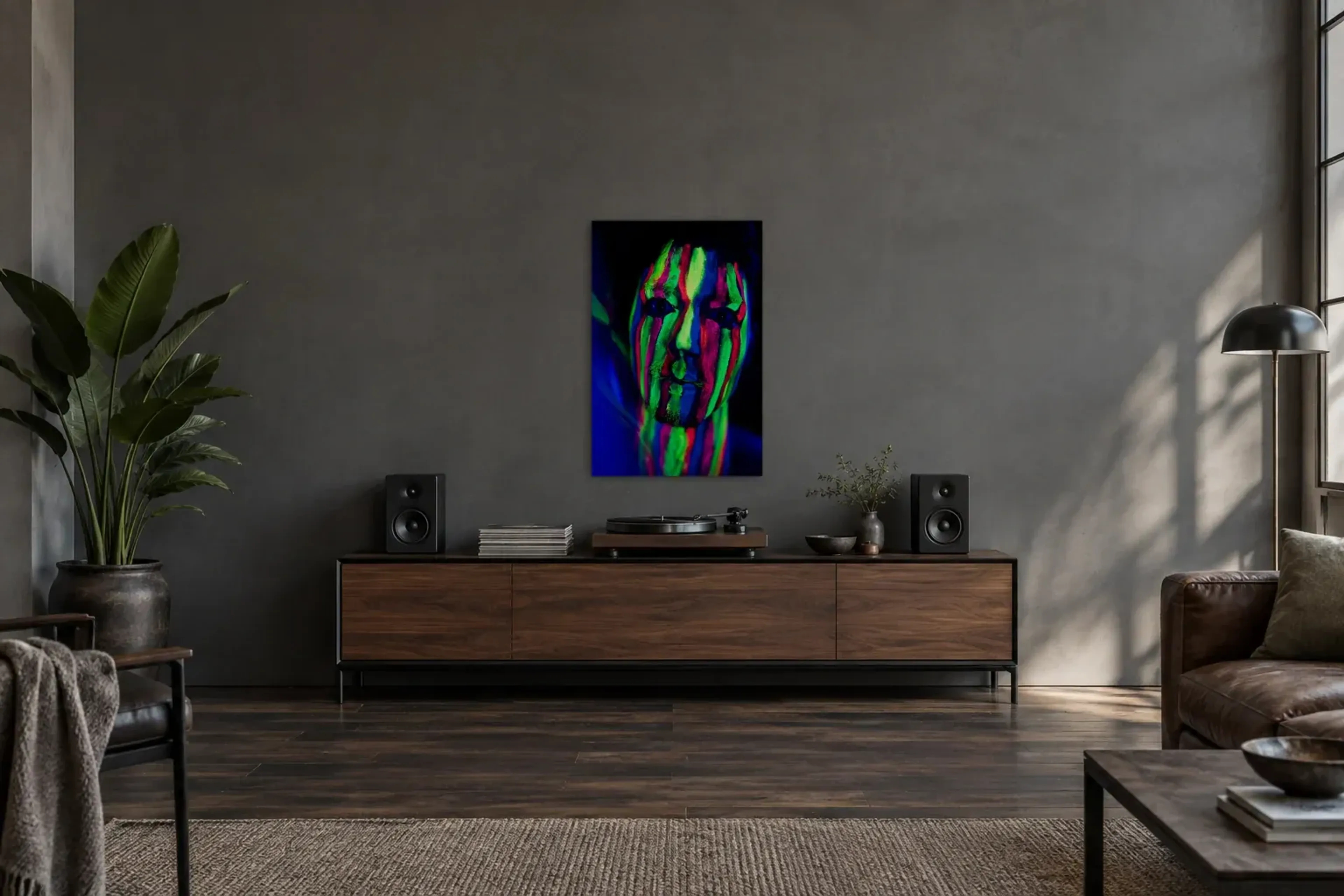 Gesicht in Neonstreifen als Wandbild über einem 200-cm-Sideboard