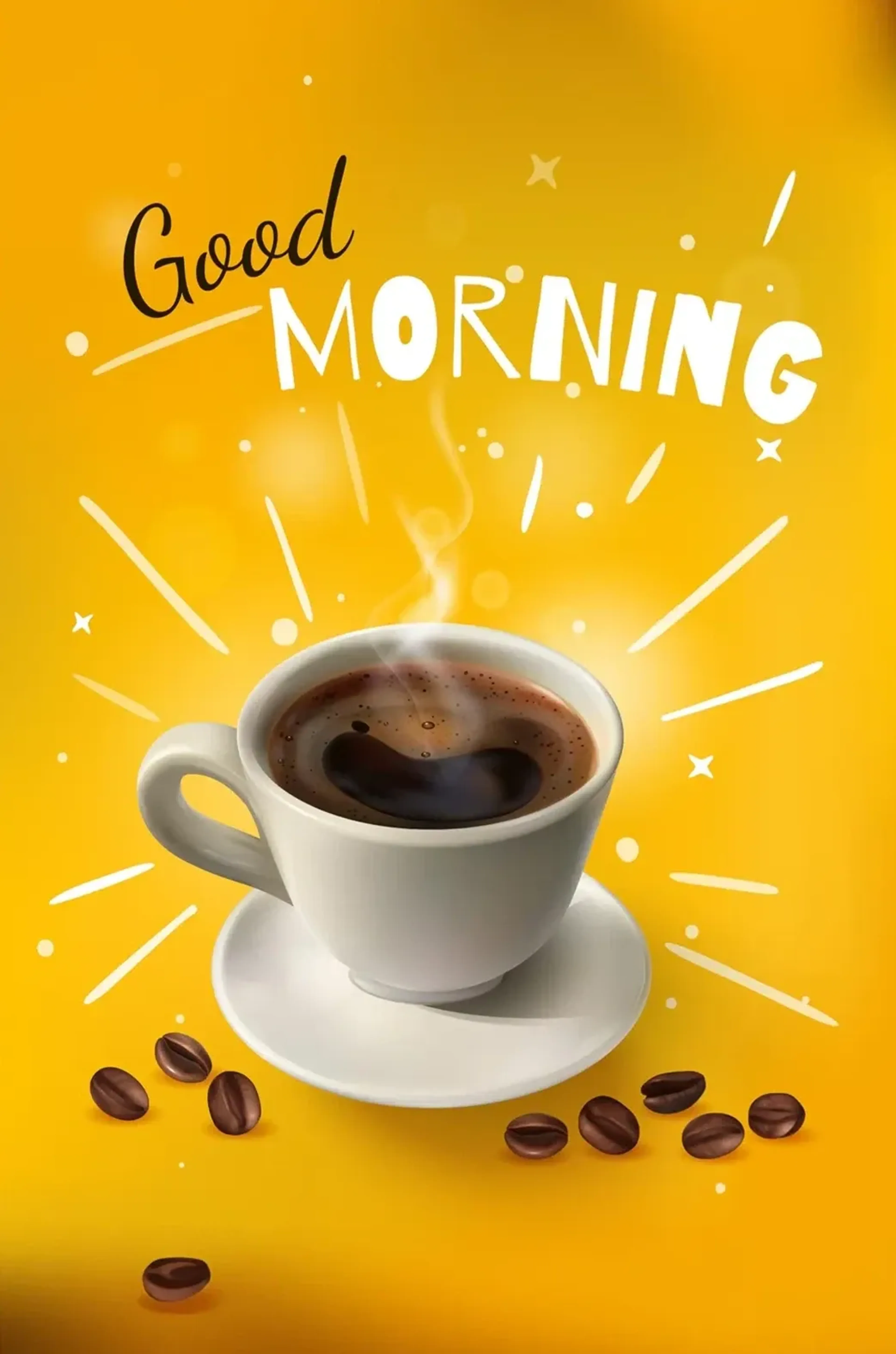 Helle Kaffeetasse mit Untertasse und Bohnen auf gelbem Grund, darüber „Good Morning“ und weiße Verzierungen.