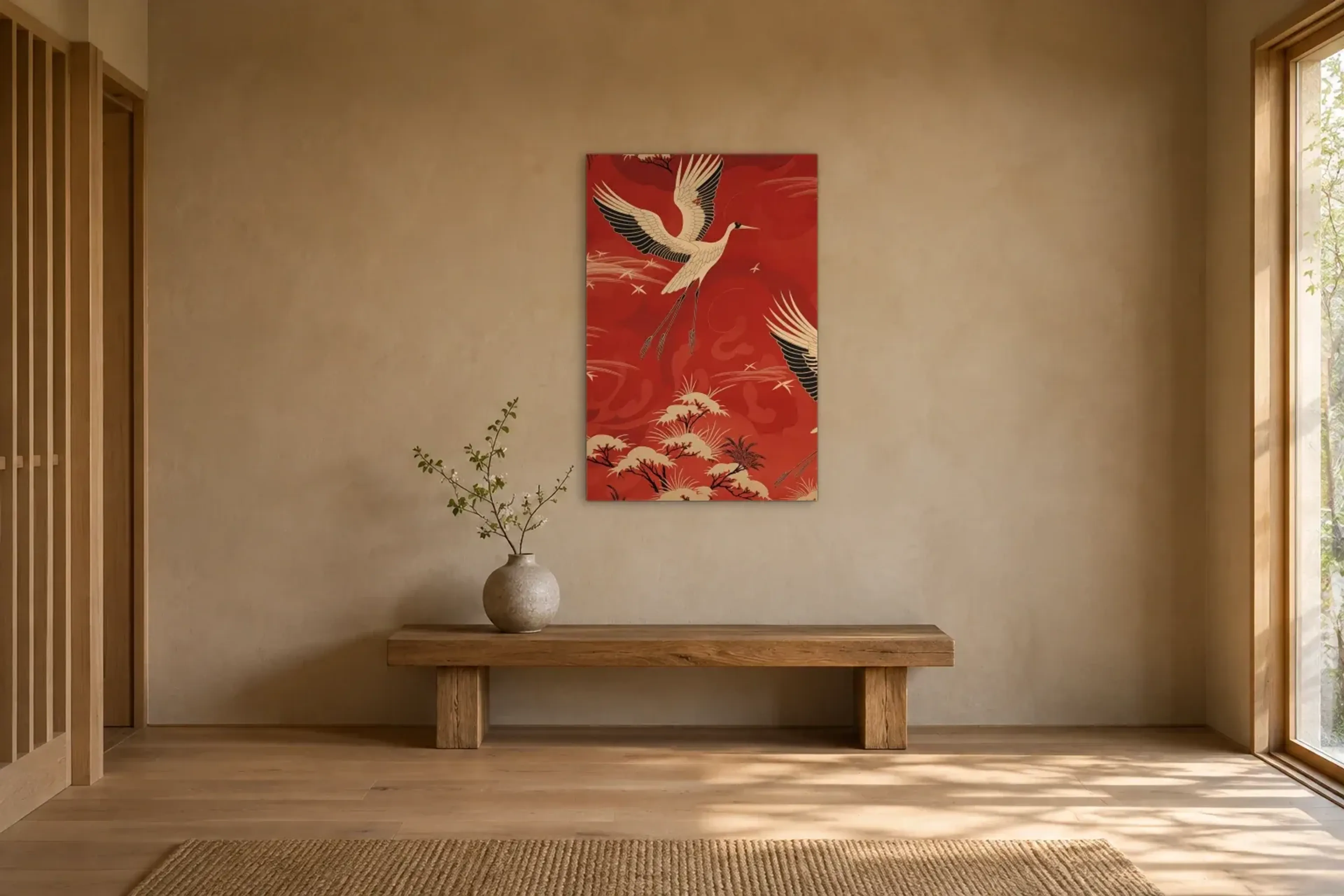 Kraniche auf Rot als Wandbild über einer 120-cm-Holzbank