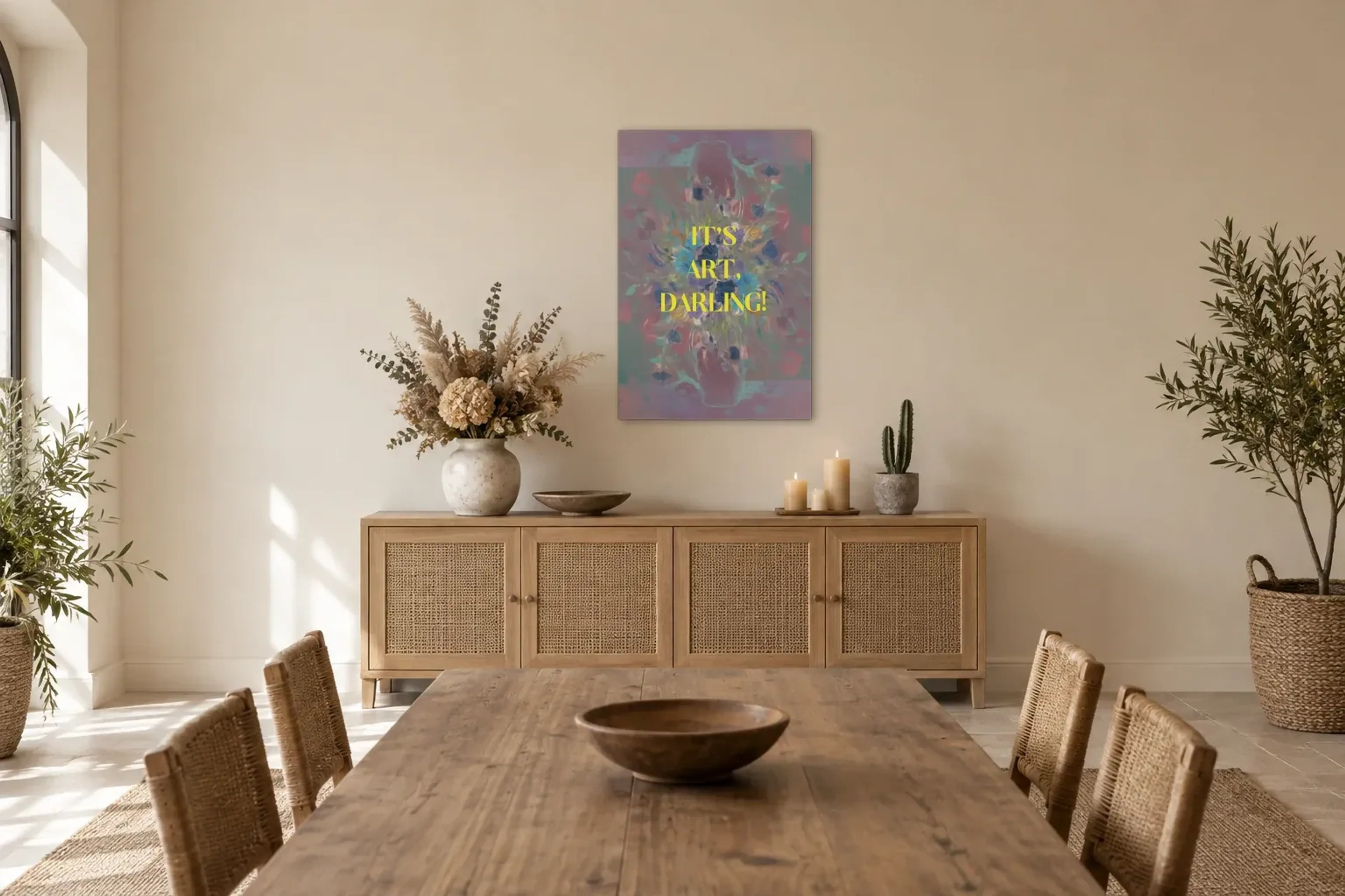 Kunst, mein Liebling als Wandbild über einem 160-cm-Sideboard