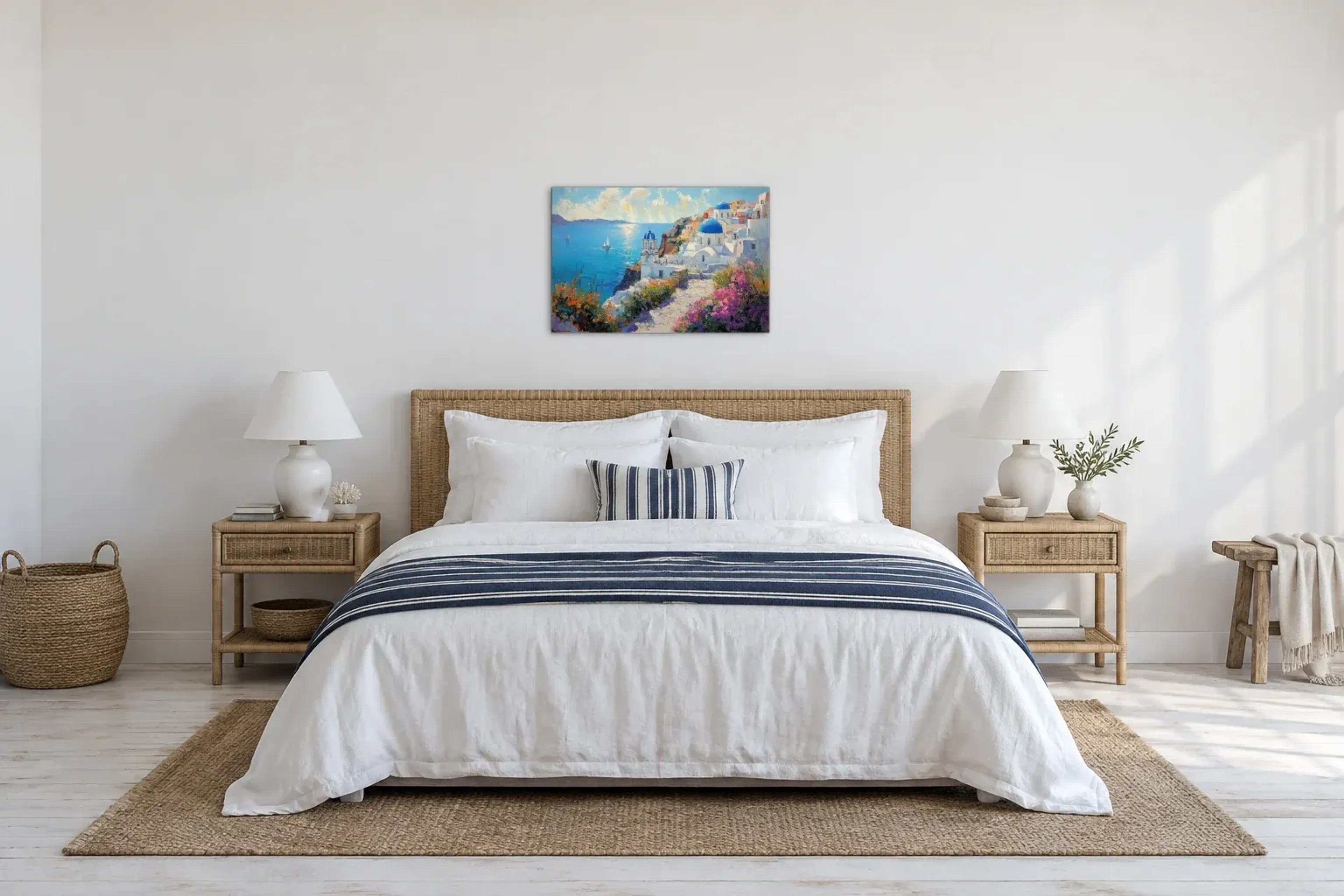 Santorini im Abendlicht als Wandbild über einem 180-cm-Bett