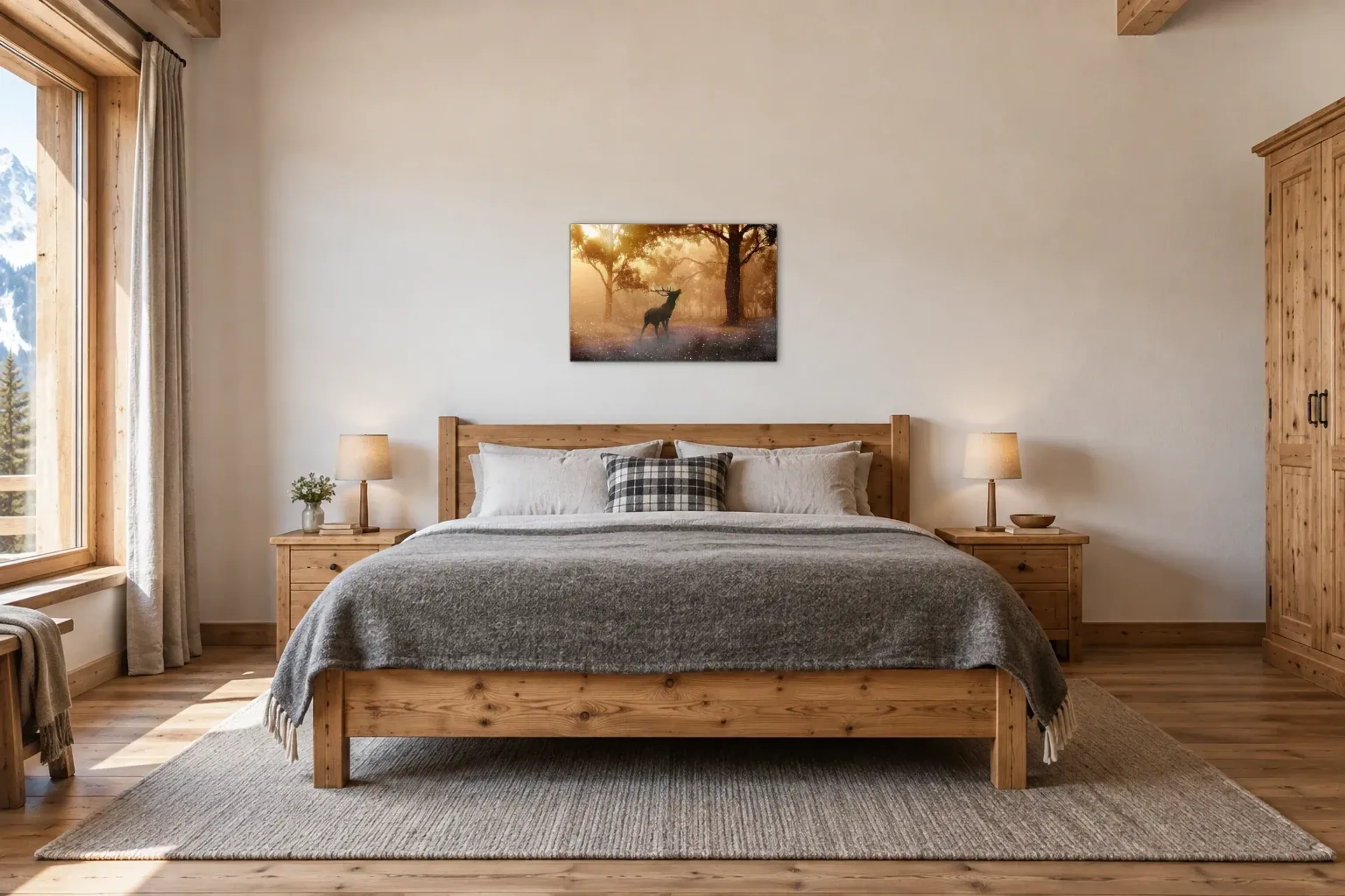 Hirsch im goldenen Licht als Wandbild über einem 180-cm-Bett
