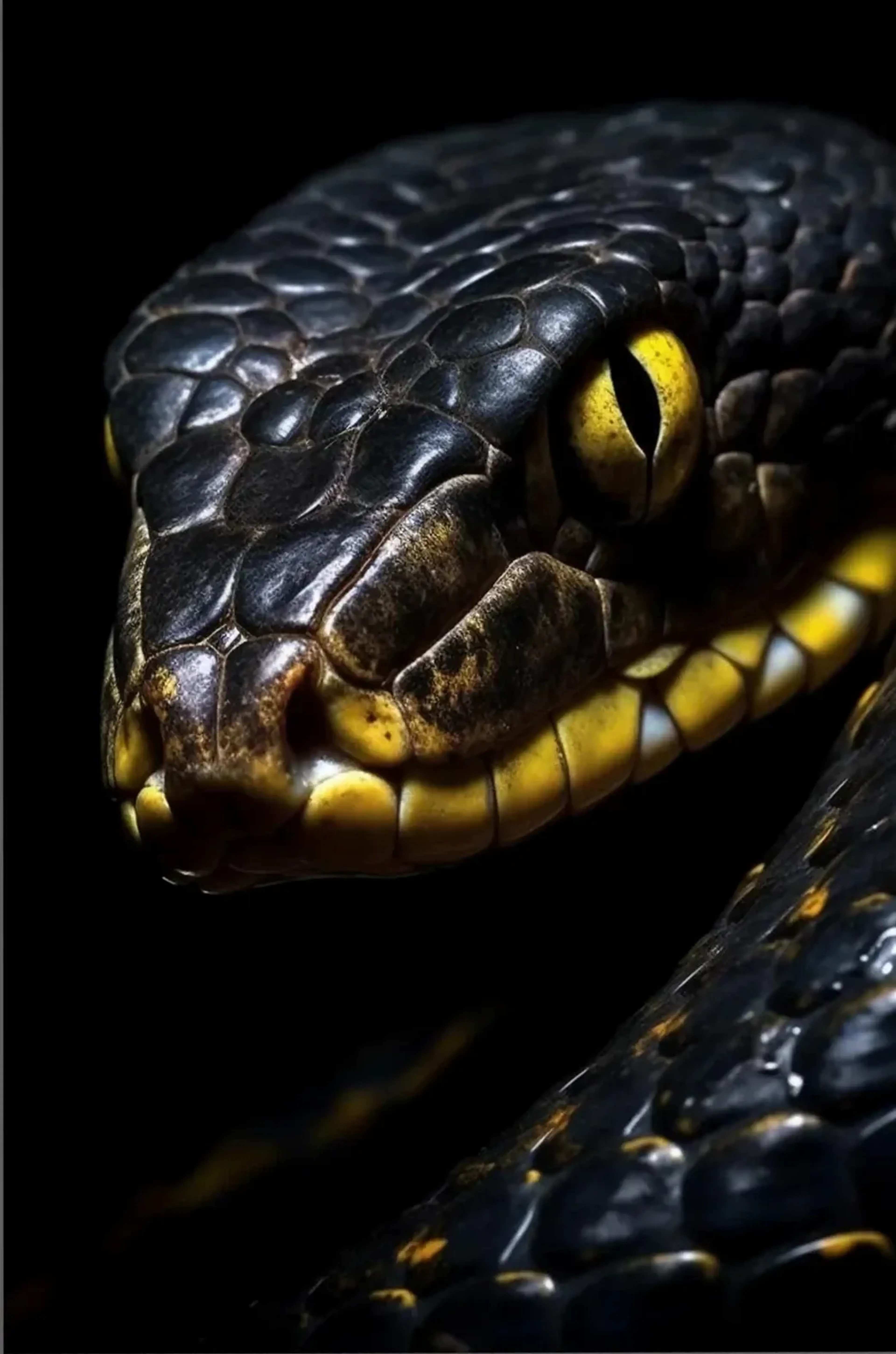 Eine schwarze Schlange mit gelbem Auge und gelben Schuppen am Maul vor schwarzem Hintergrund.