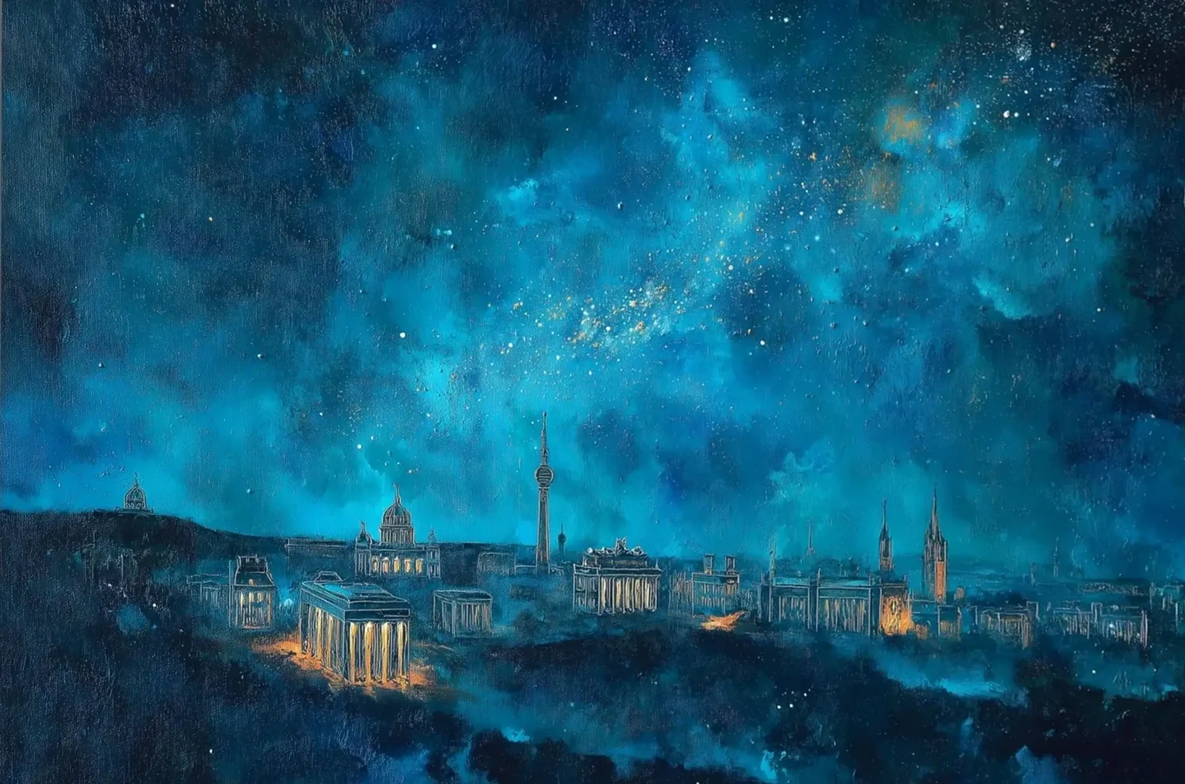 Fantasievolle Berliner Stadtansicht mit goldgelben Lichtern unter einem tiefblauen, türkis schimmernden Sternenhimmel.