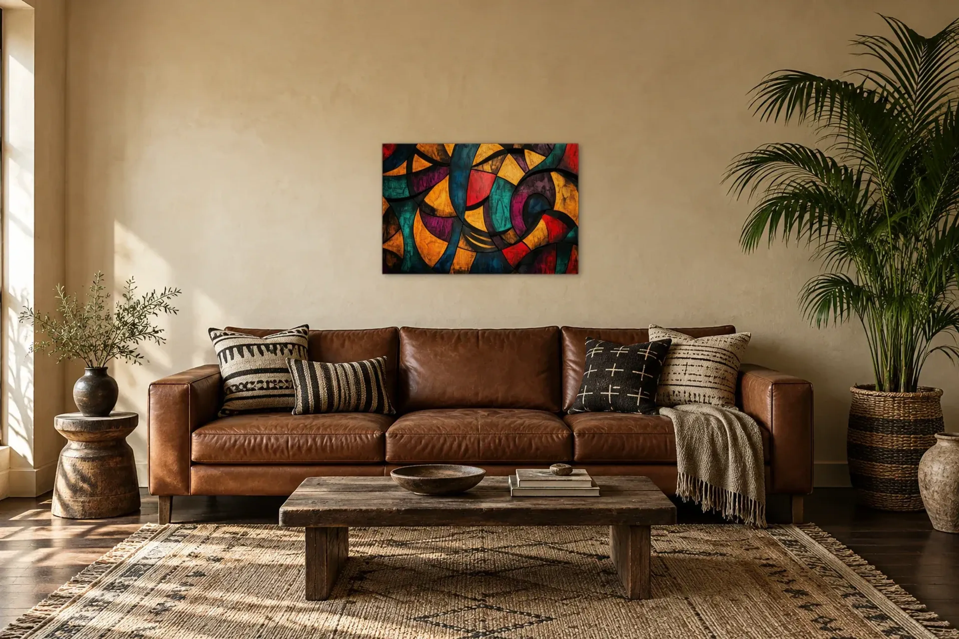 Farbsplitter als Wandbild über einem 220-cm-Sofa