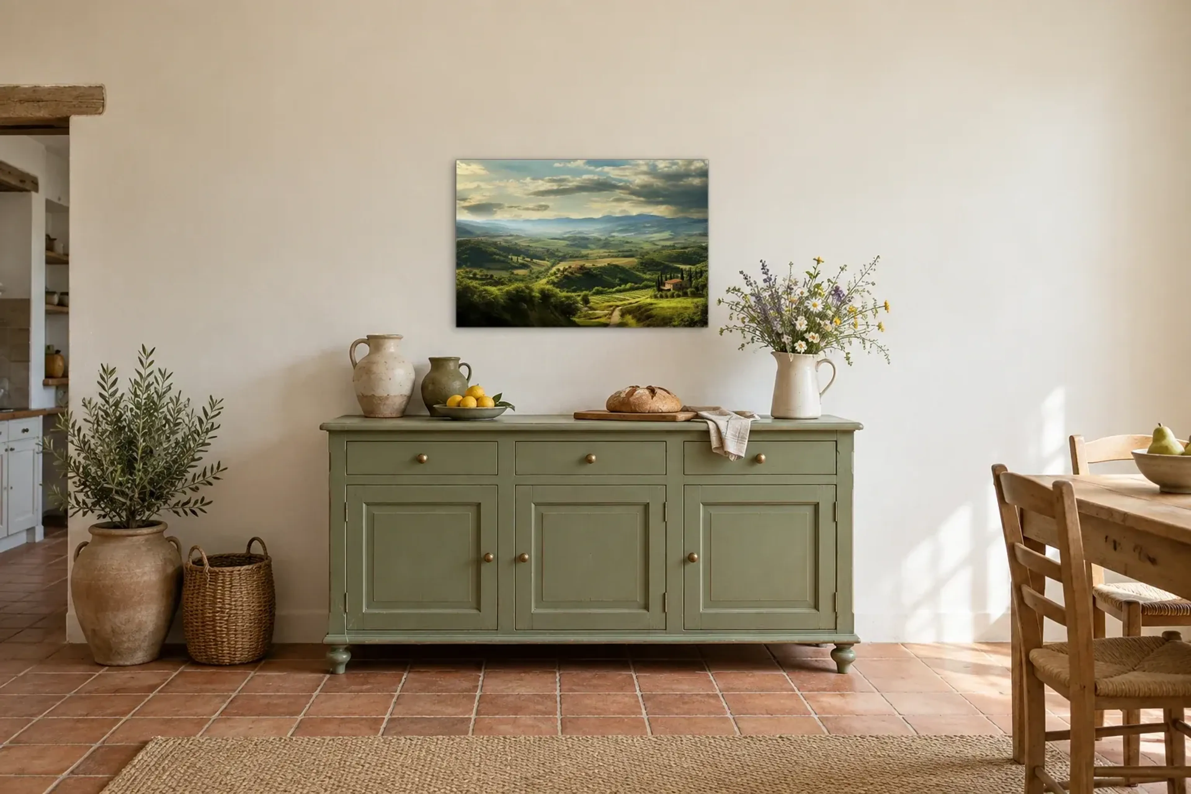 Hügel der Toskana als Wandbild über einer 160-cm-Anrichte