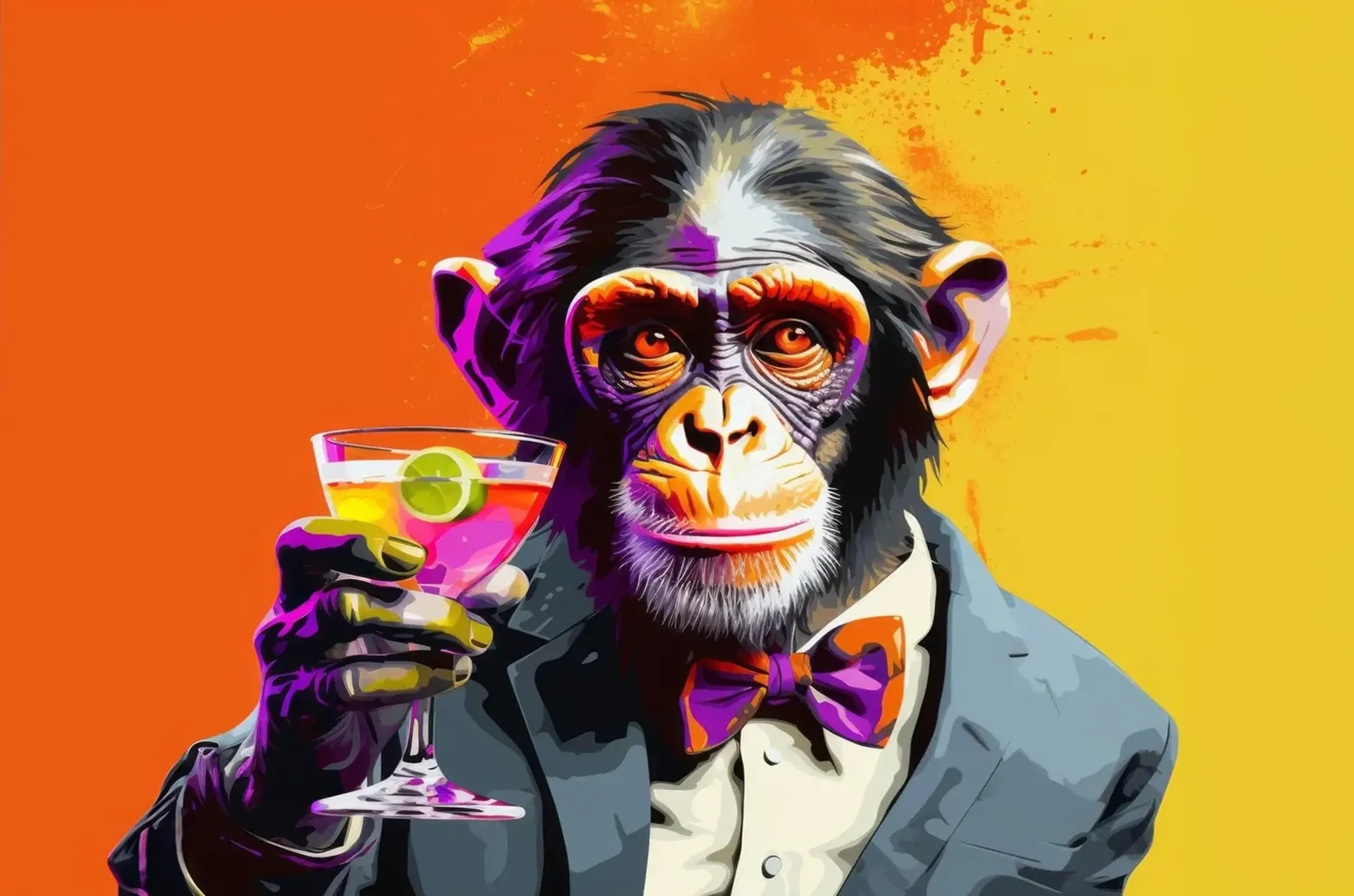 Schimpanse im Anzug mit violetter Fliege und Cocktailglas vor orangegelbem Hintergrund.