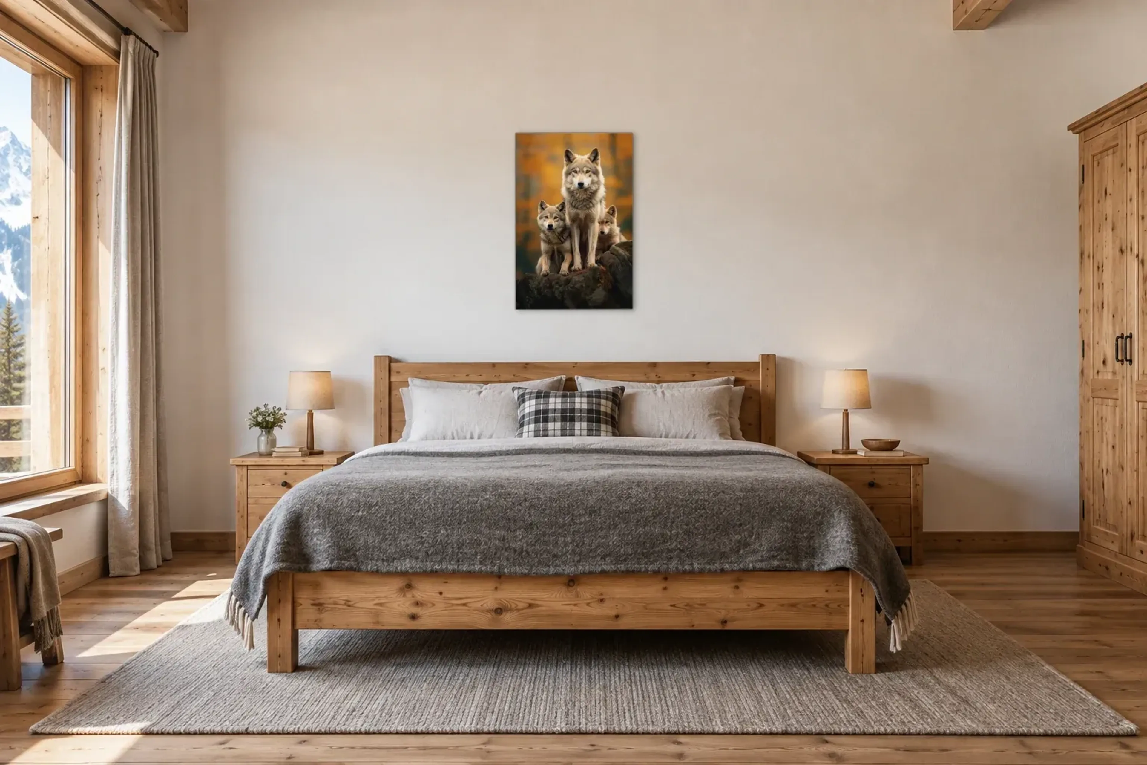 Wolfsfamilie auf Felsen als Wandbild über einem 180-cm-Bett