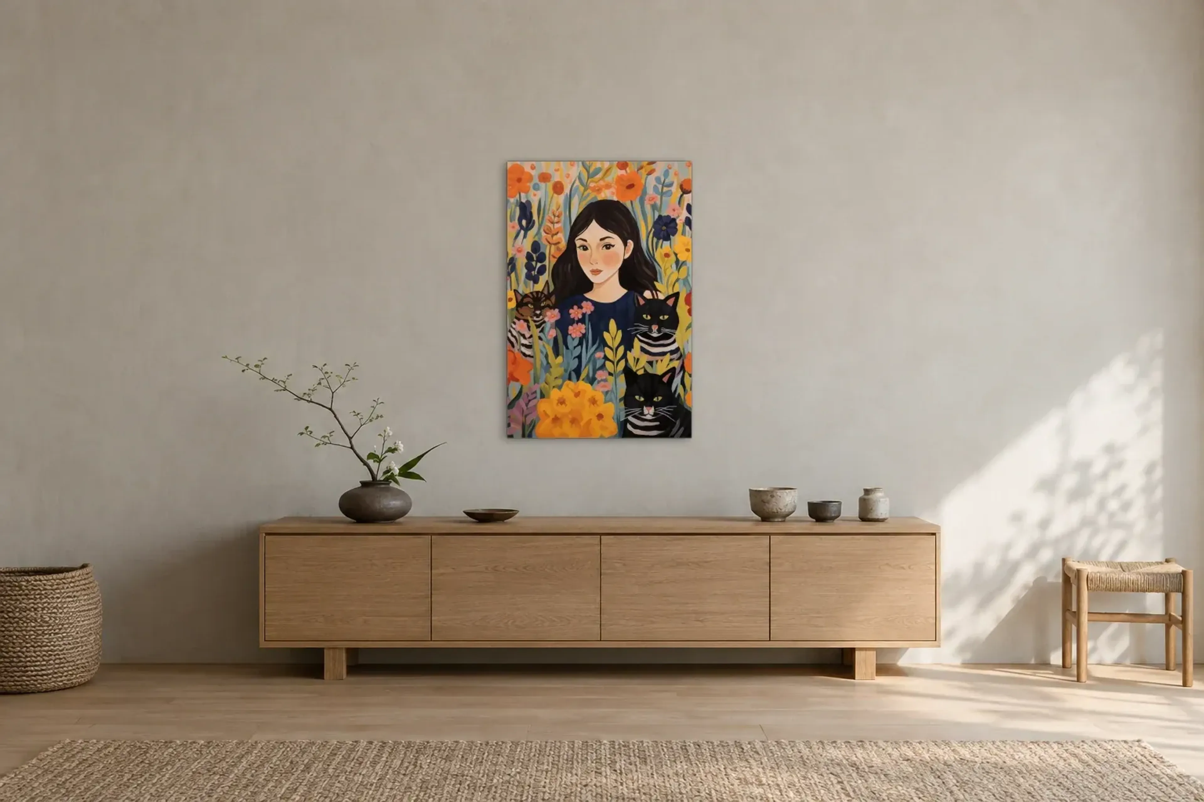 Frau mit drei Katzen als Wandbild über einem 180-cm-Sideboard