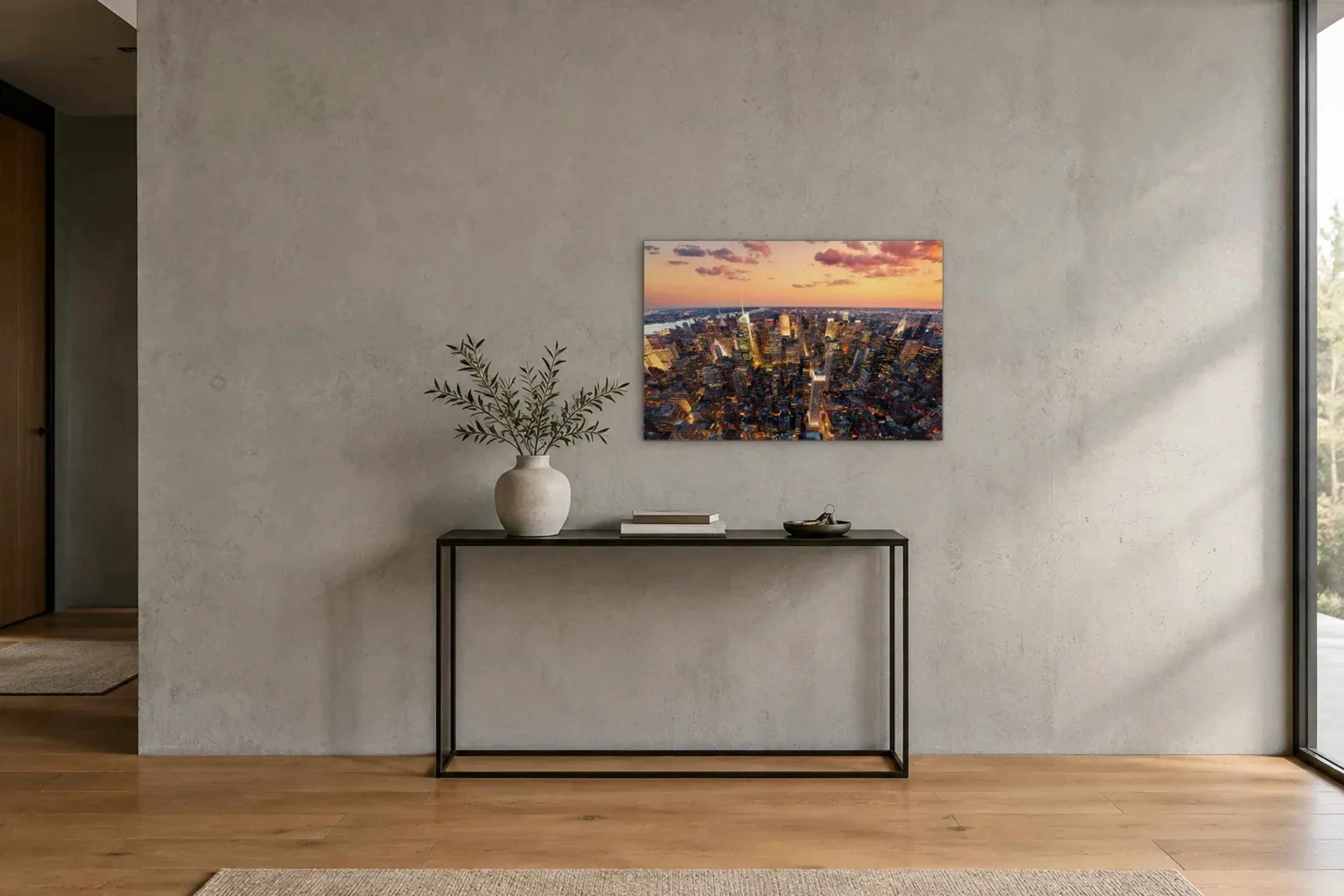 Manhattan unter Pfirsichhimmel als Wandbild über einer 120-cm-Konsole