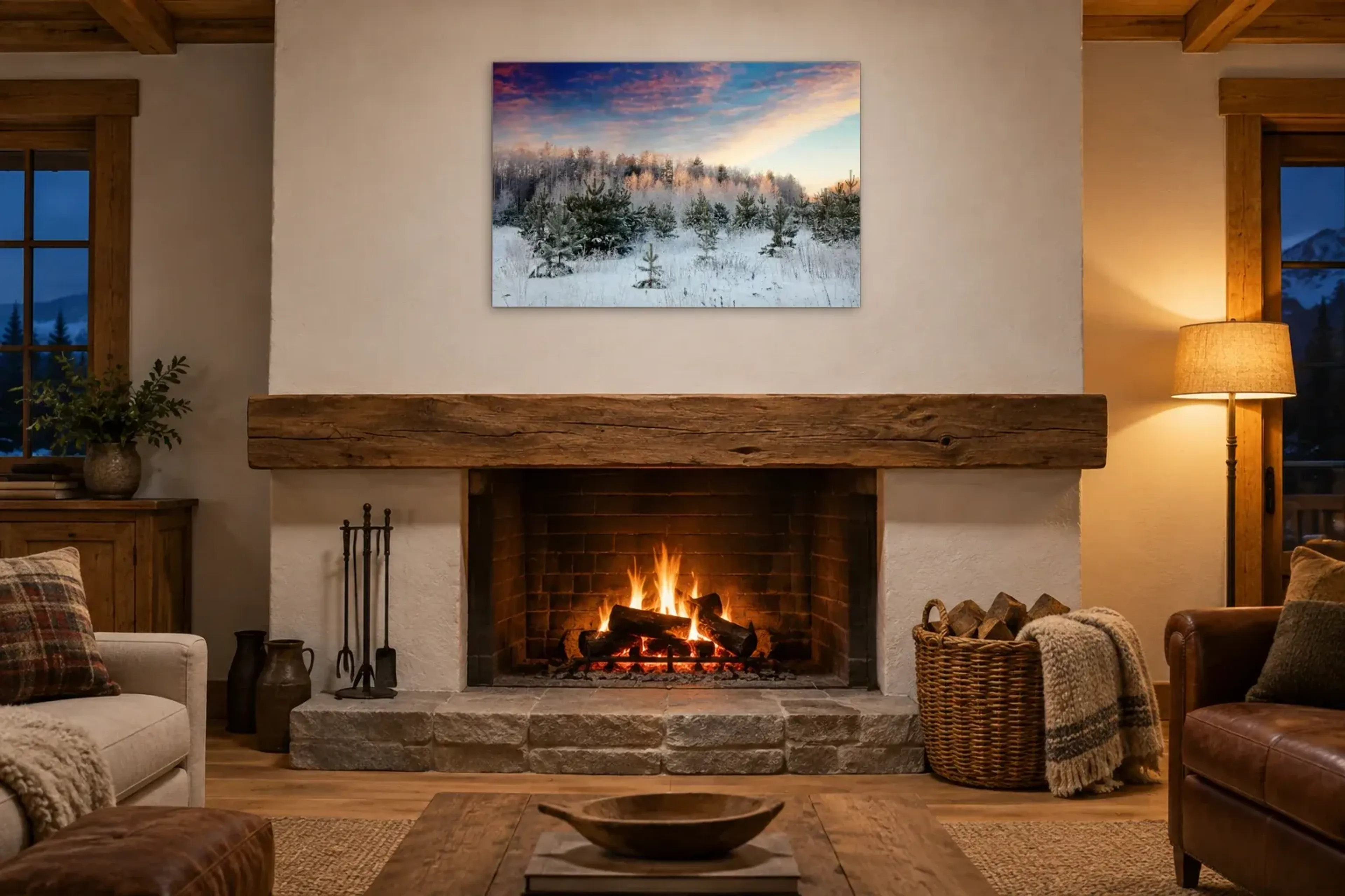 Abendrot über dem Winterwald als Wandbild über einem 180-cm-Kaminsims